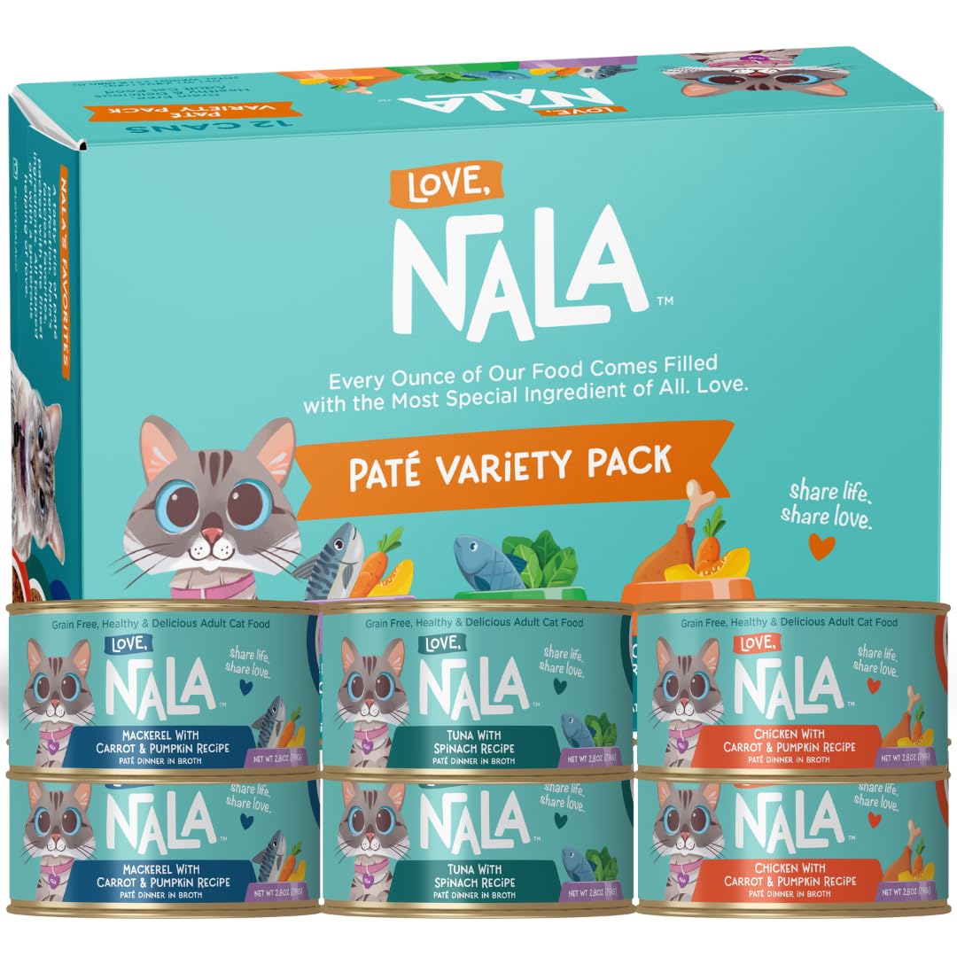 LOVE, NALA - Natural Adult Cat Wet Food - Pate Variety Pack - Tuna, Chicken, Mackerel - Grain Free, Non-GMO, Fiber Blend, Minera