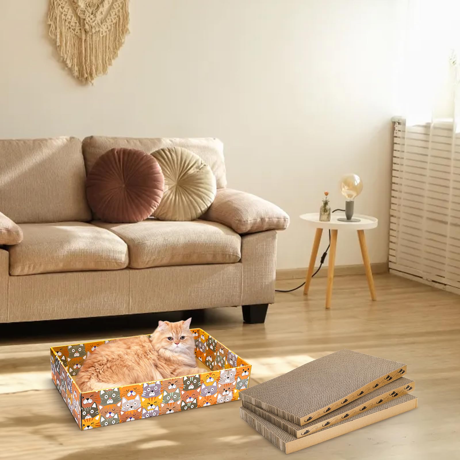 Pumtus Set Of 2 Cardboard Cat Scratchers, 6 Pcs Corrugated Cat Scratch Pad With 2 Boxes, Cute Reversible Kitty Sofa Bed, Refilla