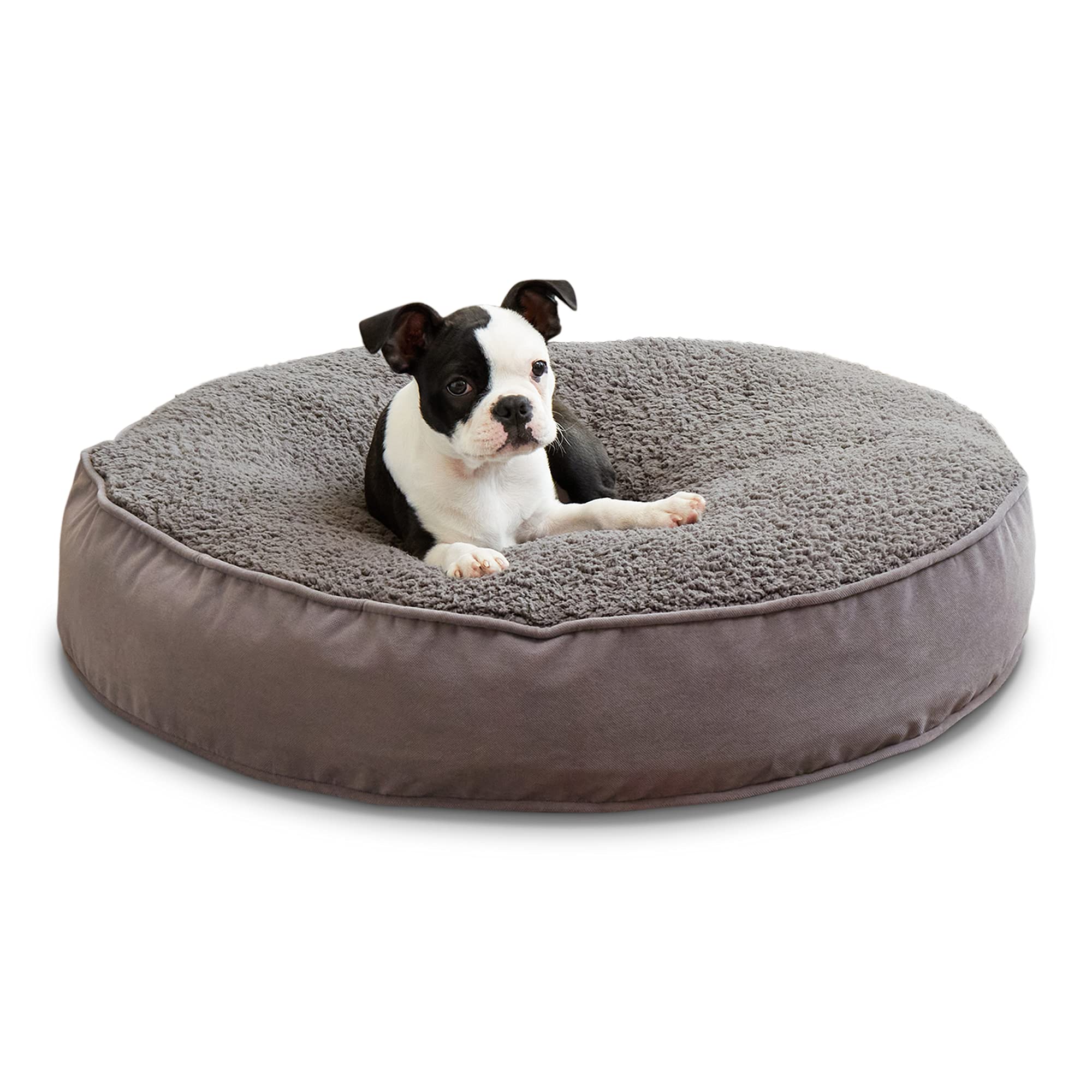 Happy Hounds Scout Deluxe Round Pillow Style Sherpa Dog Bed, Small (30 X 30 In.), Pewter