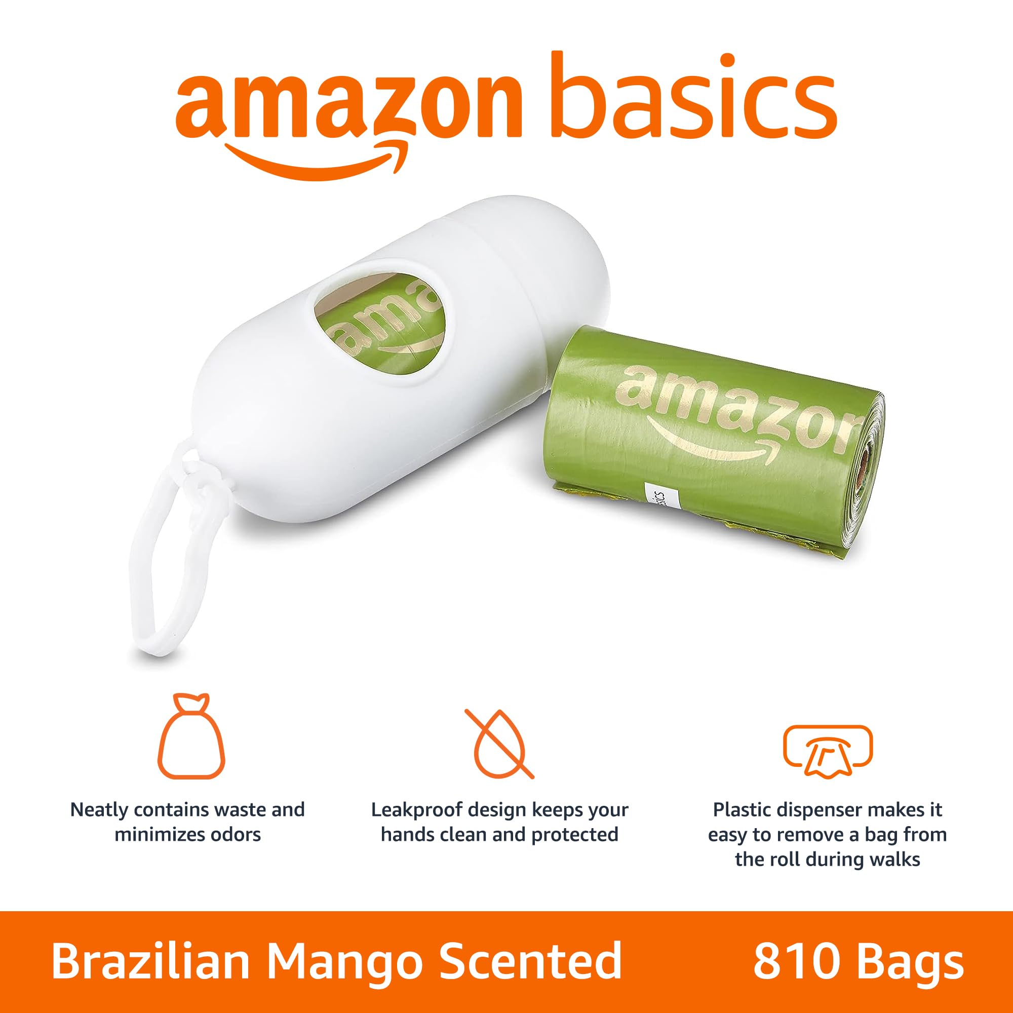 Amazon Basics Dog Poop Bags With Dispenser, 810 Count, Enhanced For Guaranteed Leakproof, Brazilian Mango Scented, Includes Leas