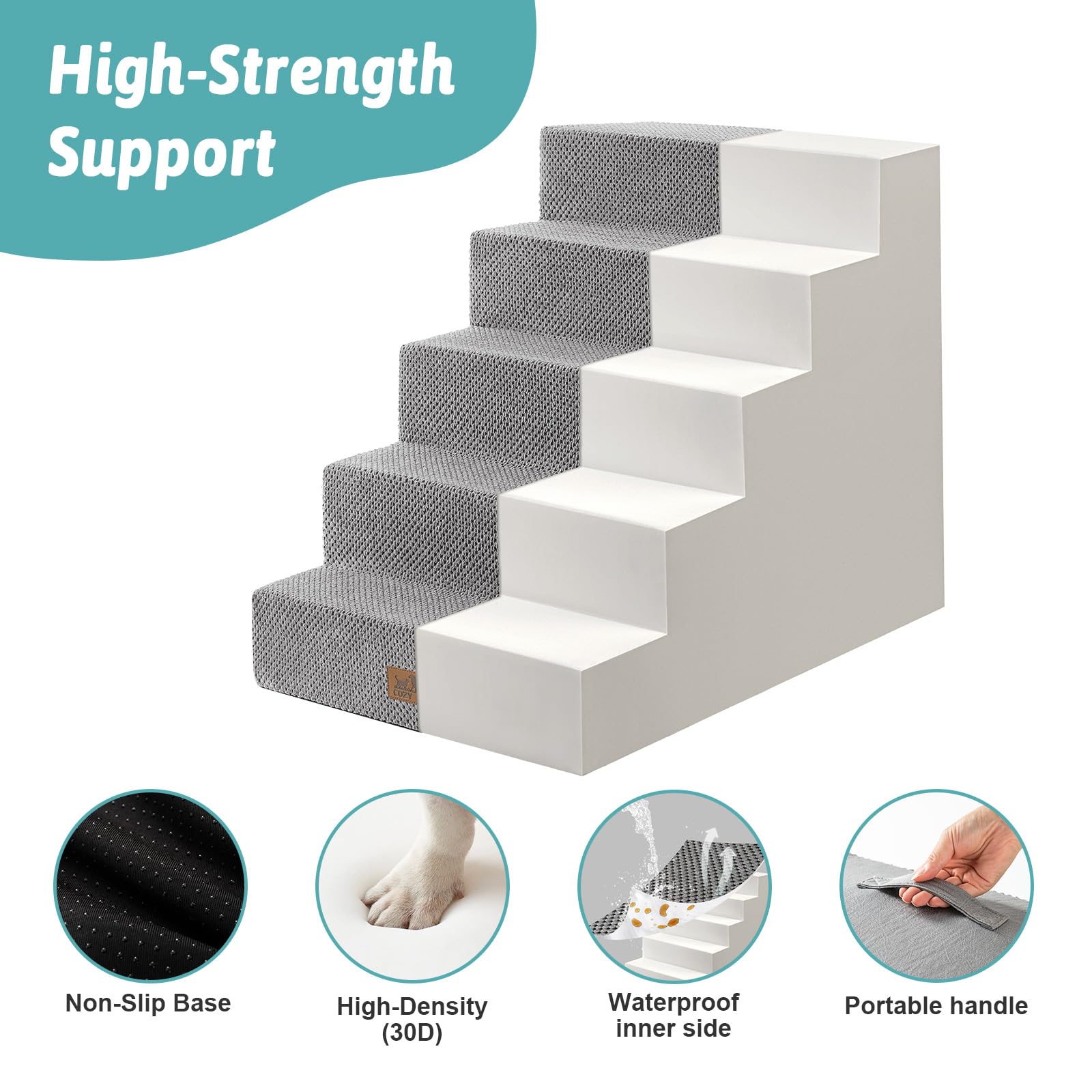 Cozy Kiss Dog Stairs For Small Dogs, 5 Tier Wider Pet Stairs For High Beds, 23.6'' H Non-Slip Dog Steps For Old Cats, Puppies, S