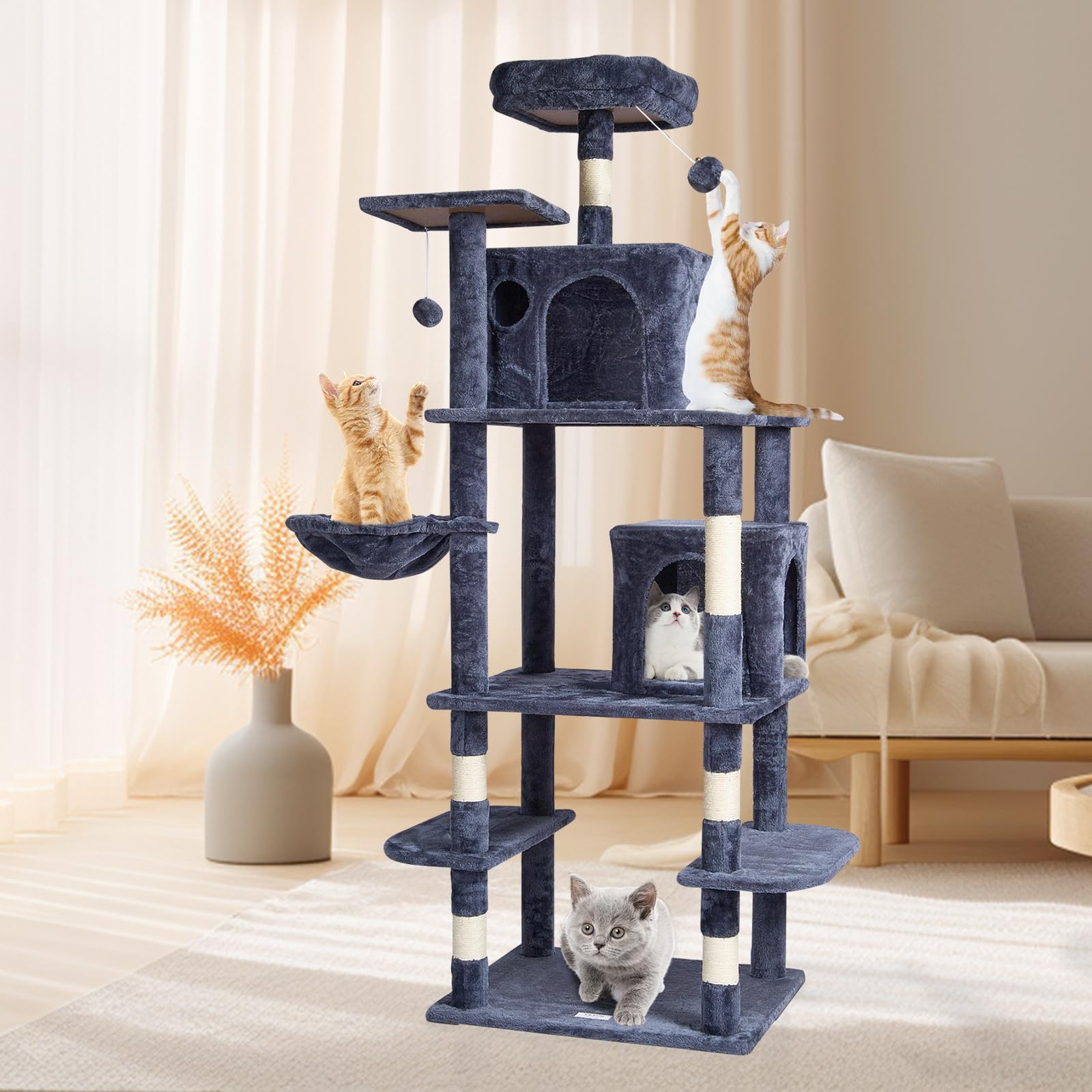 VEVOR Cat Tree 68.5 Cat Tower with Cat Condos Sisal Scratching Post Dark Grey