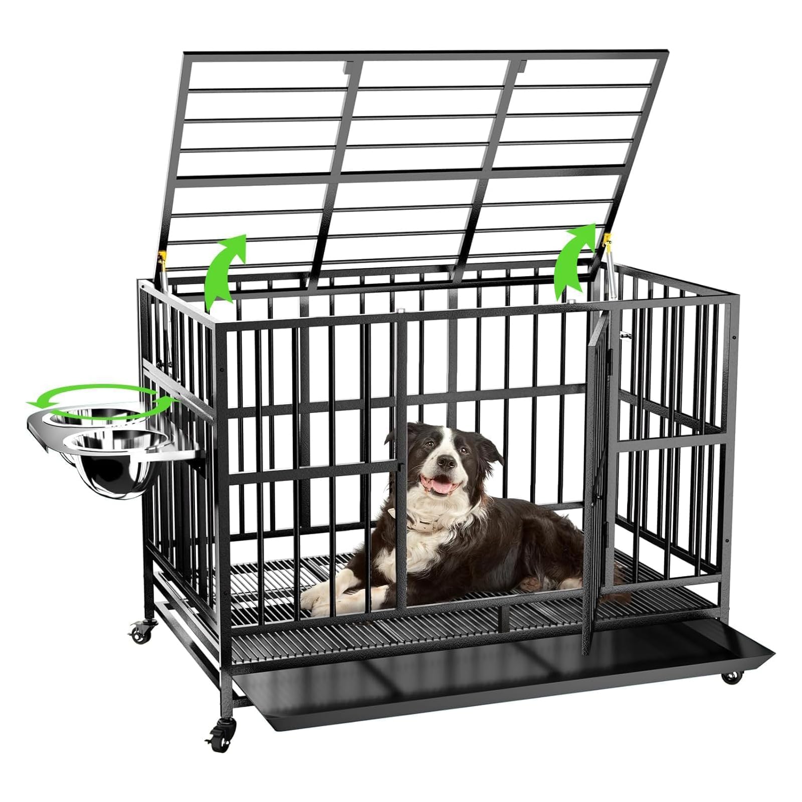 Lovmor 43'' Heavy Duty Dog Crate With Unique Air Lift Rod/Wheels/ 360 & Adjustable 2 Bowls, Extra Medium Dog Crate