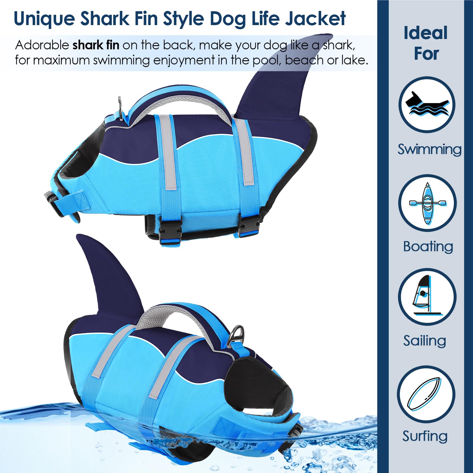 Aofitee Dog Life Jacket, Dog Life Vest For Swimming, Shark Dog Life Vest With Rescue Handle And Reflective Stripe, Ripstop Dog Lifesaver Float Coat, Dog Swimming Vest For Small Medium Large Dogs Blue