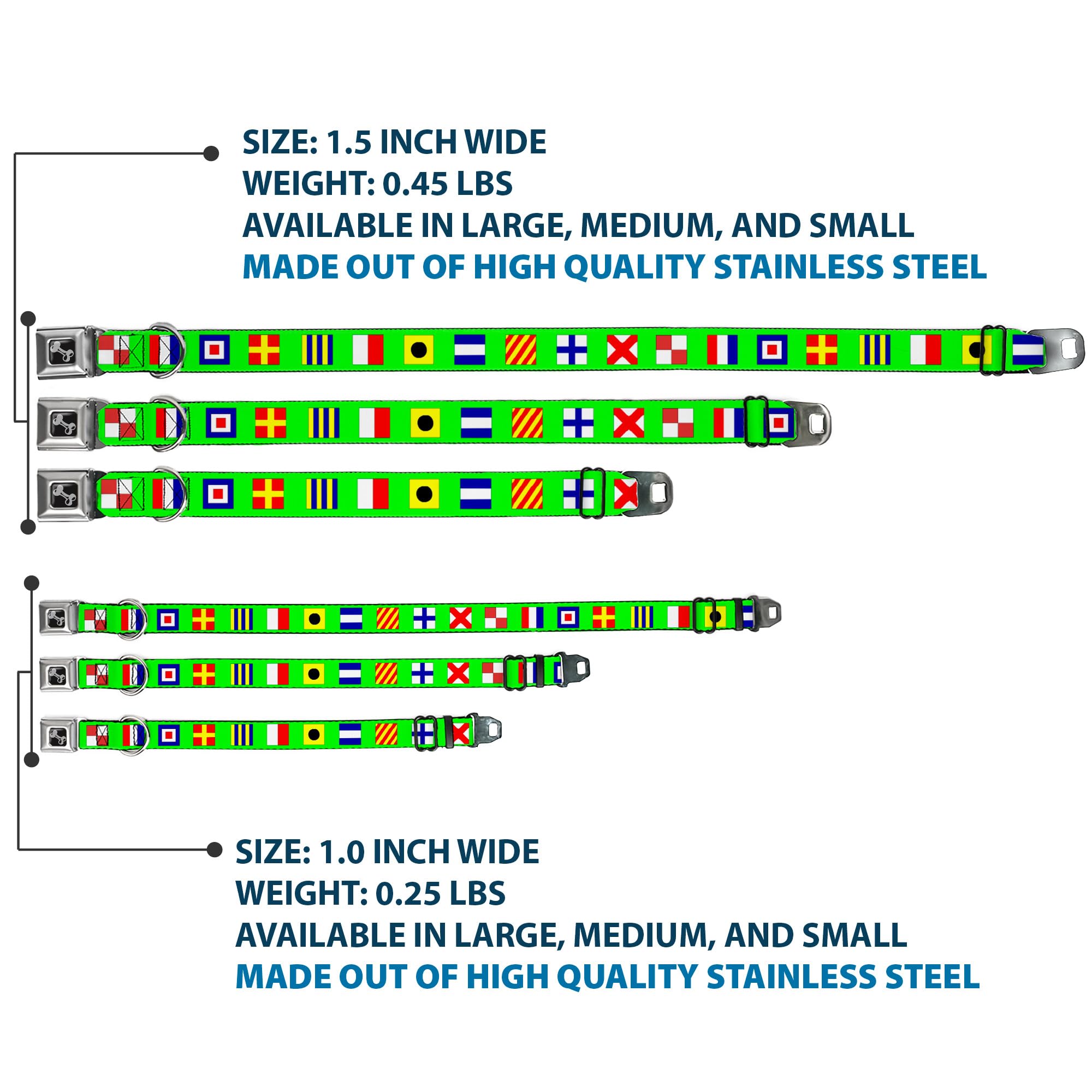 Dog Collar Seatbelt Buckle Nautical Flags Green Multi Color 16 To 23 Inches 1.5 Inch Wide