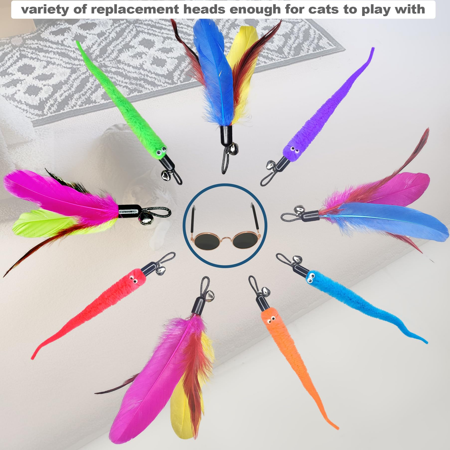 Zph Cat Toys Interactive For Indoor Cats,2Pcs Retractable Cat Wand Toys,9Pcs Teaser Toys&1Pcs Cat Eyeglasses Cat Toy,Interactive Feather Toy For Teaser Play And Chase Exercise With Kitten