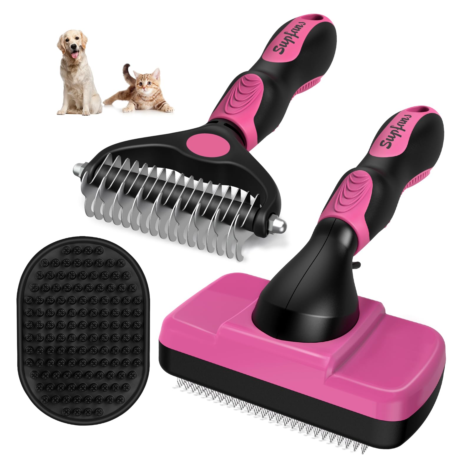 Augwind 3Pcs Dog Brush I Dog Brush For Shedding I Deshedding Dog Brush I Dog Bath Brush I Slicker Brush For Dogs I Dog Comb I Premium Pet Supplies (Red Black)