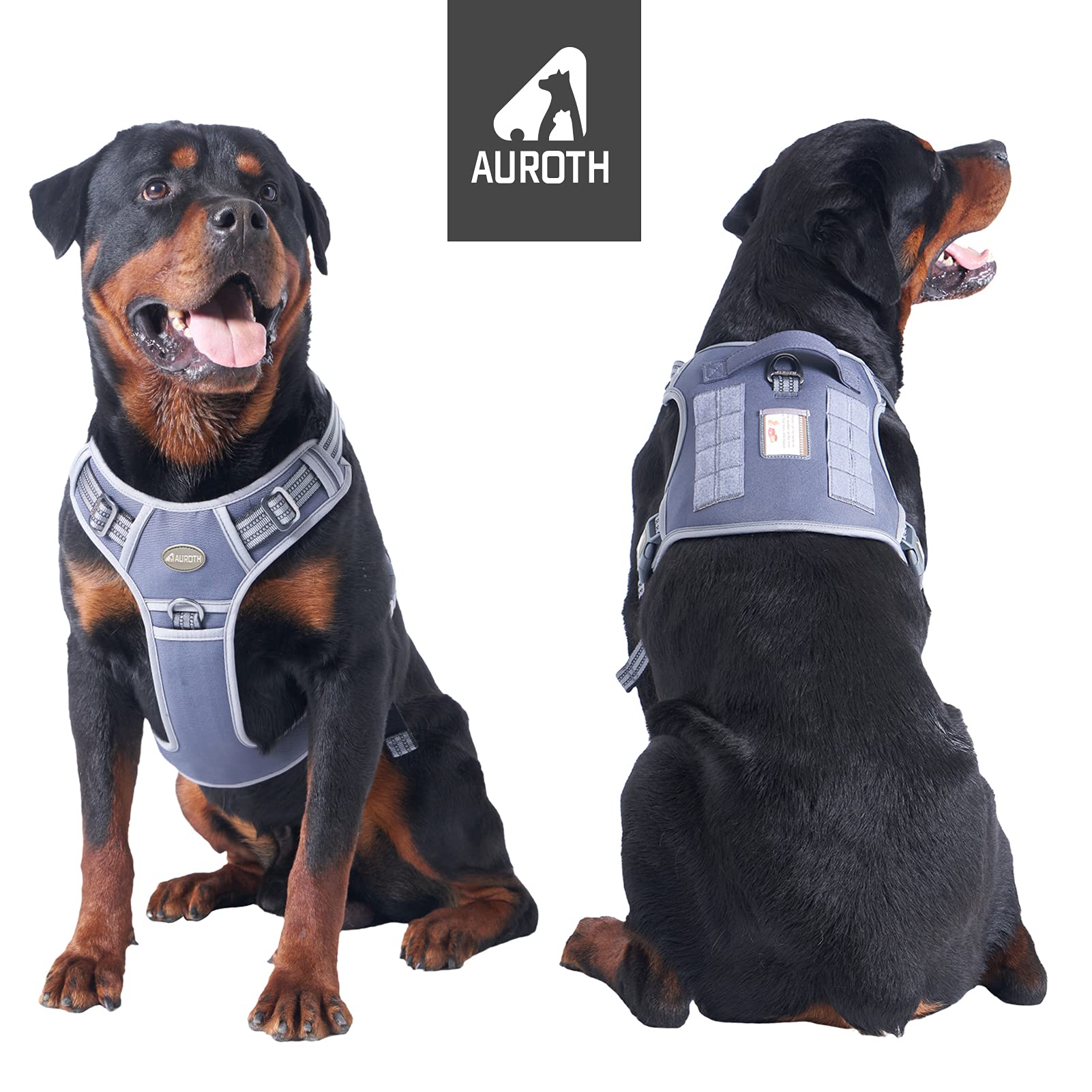 Auroth Tactical Dog Harness For Large Dogs No Pull Adjustable Pet Harness Reflective K9 Working Training Easy Control Pet Vest Military Service Dog Harnesses Grey L