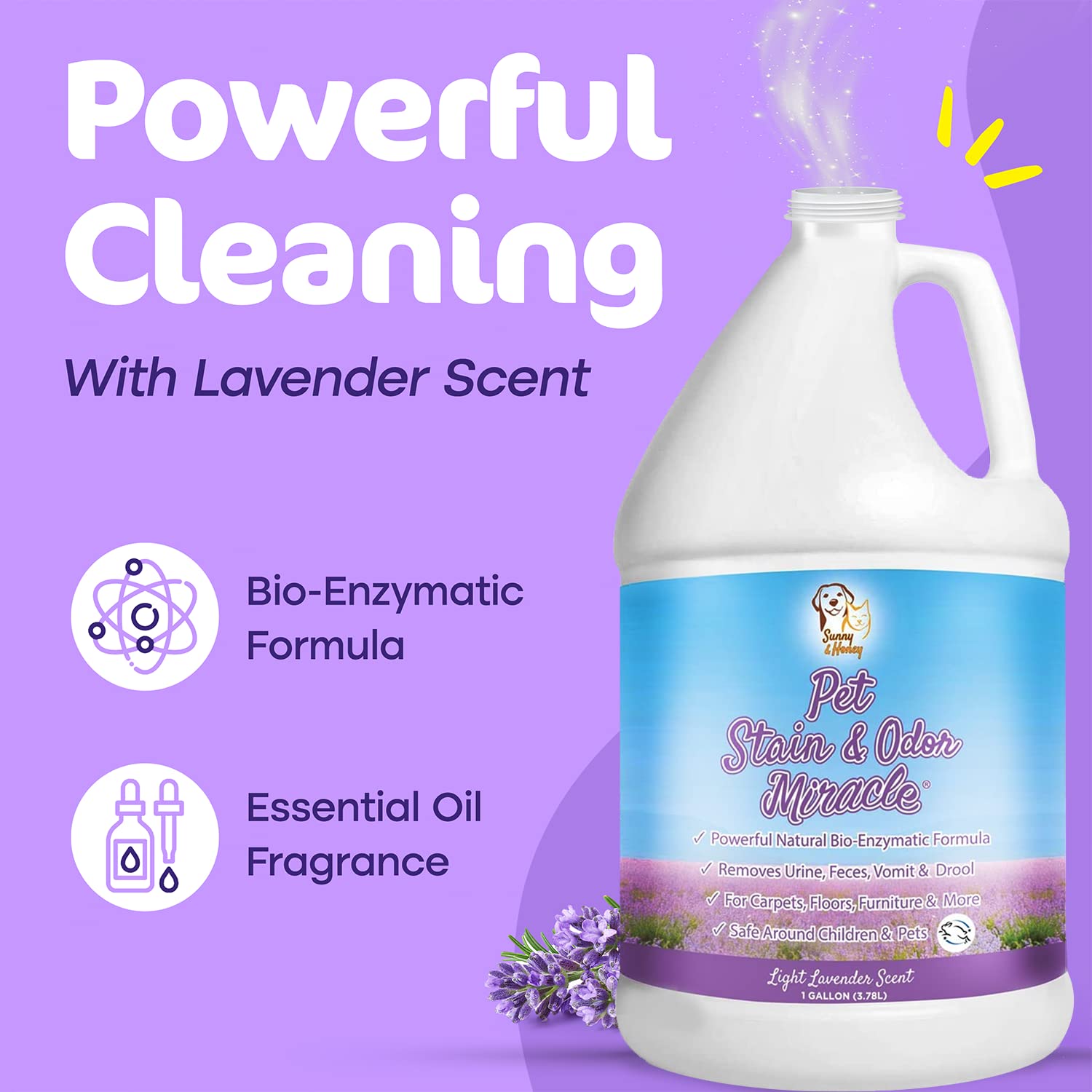 Sunny & Honey Pet Stain & Odor Miracle - Enzyme Cleaner For Dog And Cat Urine, Feces, Vomit, Drool (Light Lavender Scent, 1 Gallon)