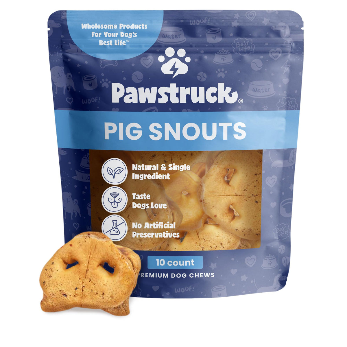 Pawstruck Natural Slow Roasted Pig Snouts For Dogs - Premium Single Ingredient Low Fat Pork Chew Treat For All Breeds - No Artificial Preservatives For All Breeds - 10 Count - Packaging May Vary