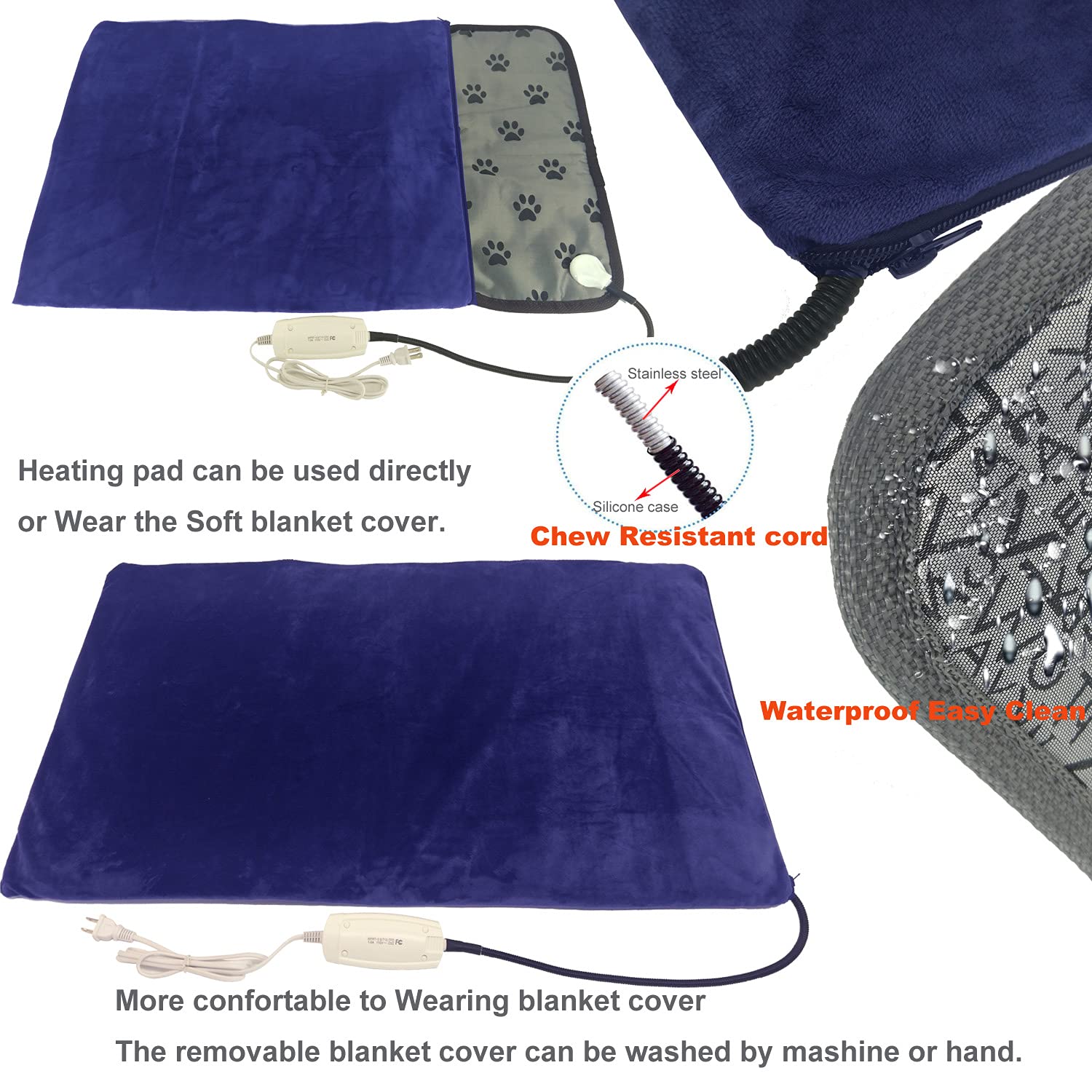 Deoman Large Dog Cat Heated Bed 34'' X 21'' Electric Heating Pad With Soft Washable Cover, Water Resistant, Chew Resistant Cord