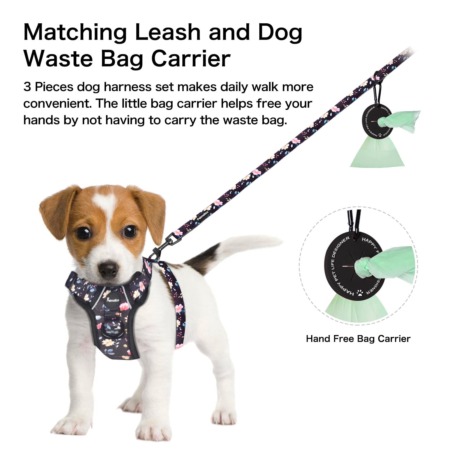 Petmolico Dog Harness For Small Dogs No Pull, Cute Dog Harness With Two Leash Clips And Soft Handle, Reflective Easy Walk Dog Harness With Leash, Black Peach Small