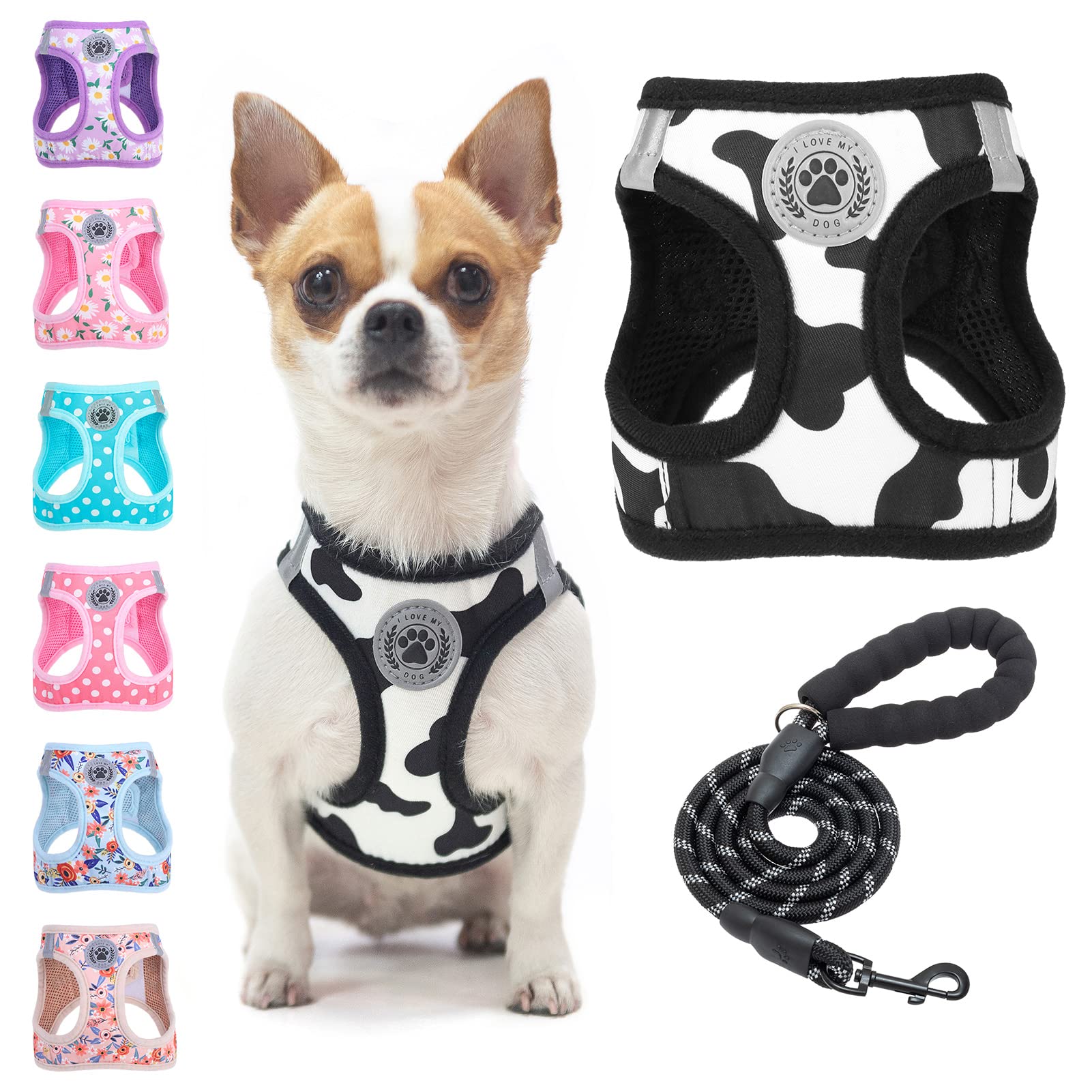 Beautyzoo Small Dog Harness And Leash Set, Cow Print Step In Dog Harness No Pull No Choke Puppy Harness Reflective For Xxs Xs S 