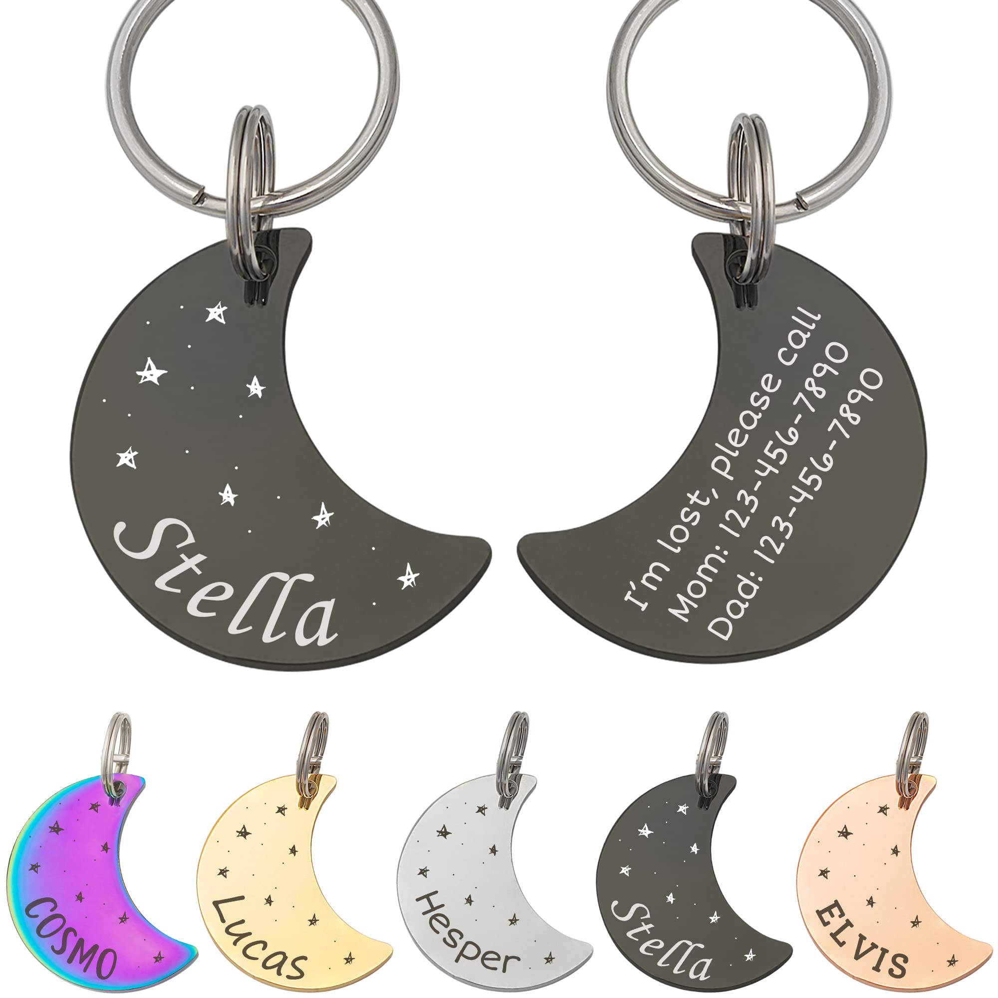 Anavia Starry Sky Theme Pet Id Tags In Half Moon & Star Shape, Personalized Dog Name Tag Cat Tag, Glossy Stainless Steel Gold Pl