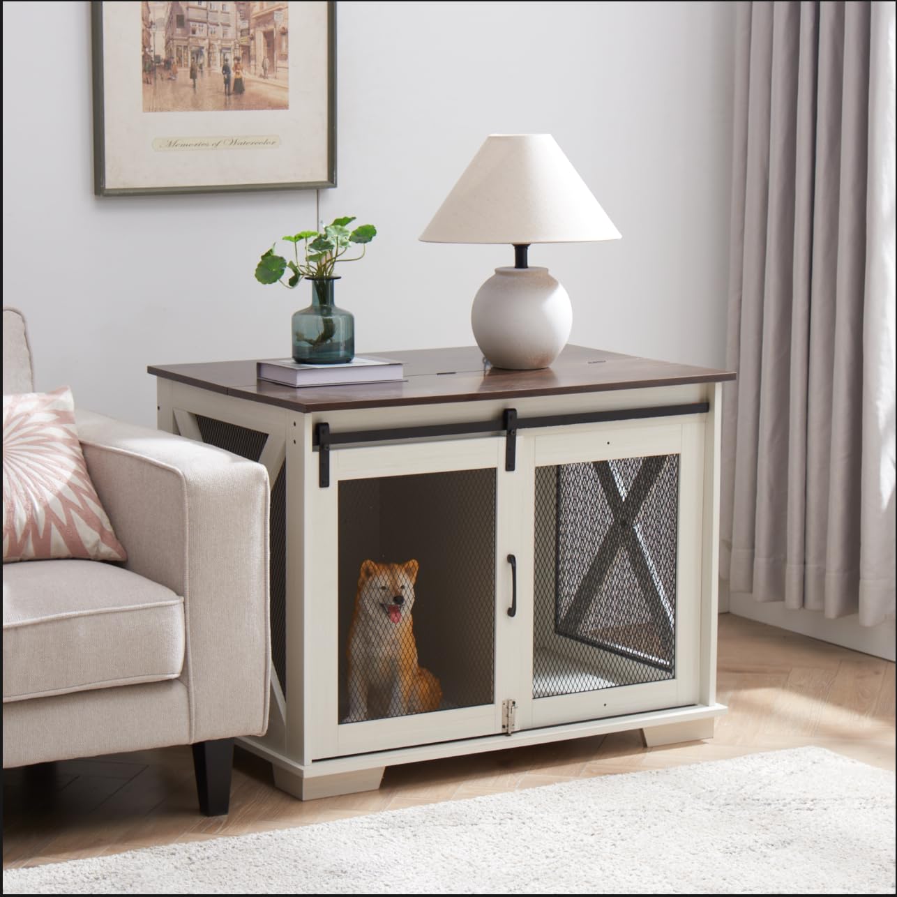 CKEASEAN 37  L Farmhouse Dog Cage Crate Furniture with Sliding Barn Door, Wooden Dog Kennel End Table with Flip-top Plate and