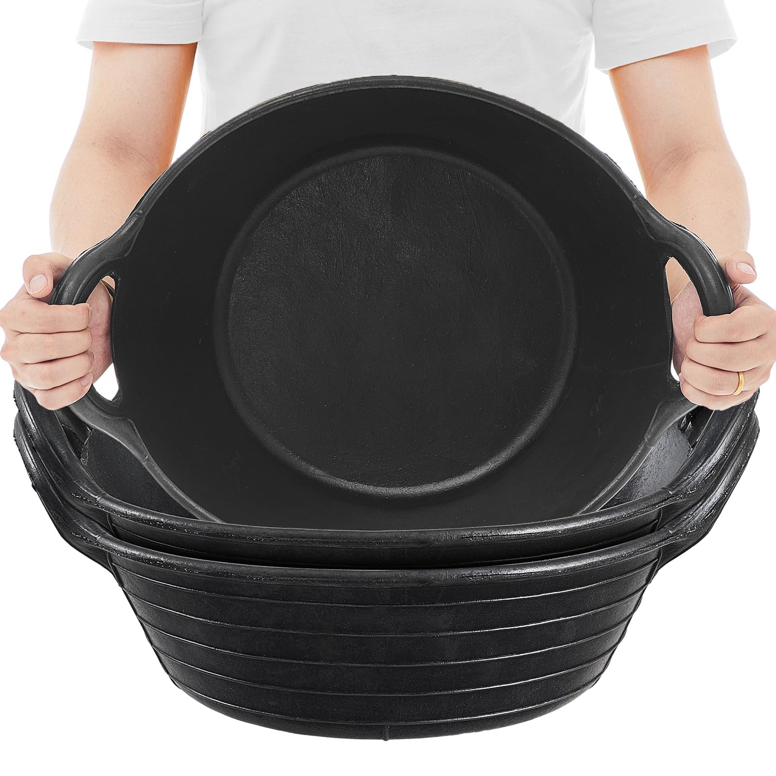 Maxdot 3 Pieces Rubber Feed Pan with Handle 3 Gallon Durable Versatile Horse Feeder Bucket for Livestock Animal Pets Feeding Wat