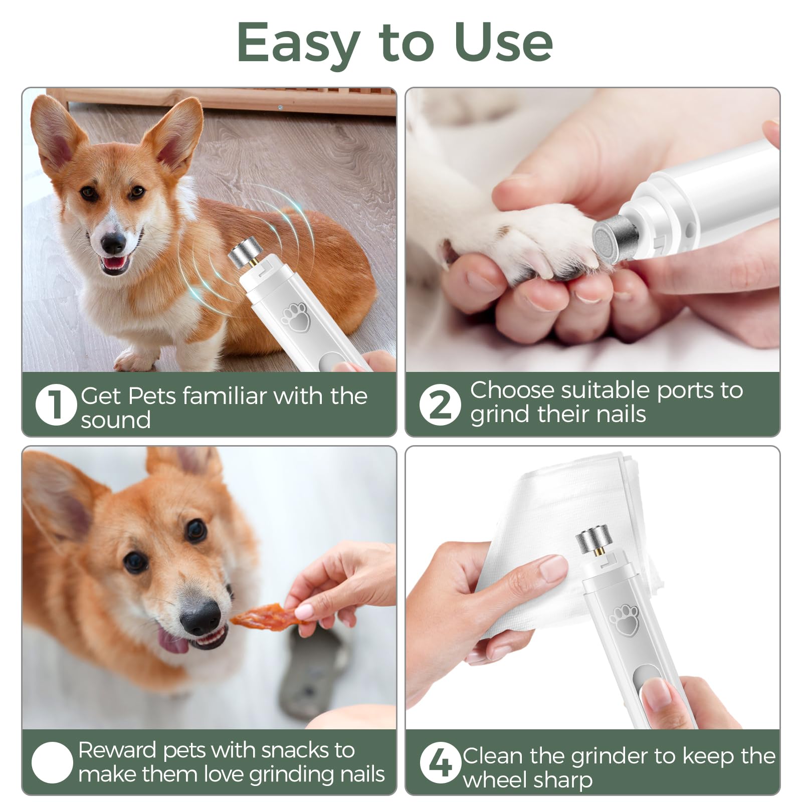 VIWIK Dog Nail Grinder - 2-Speed Rechargeable Trimmer for Large, Medium & Small Dogs, Quiet Electric Dremel Grooming Tool, White