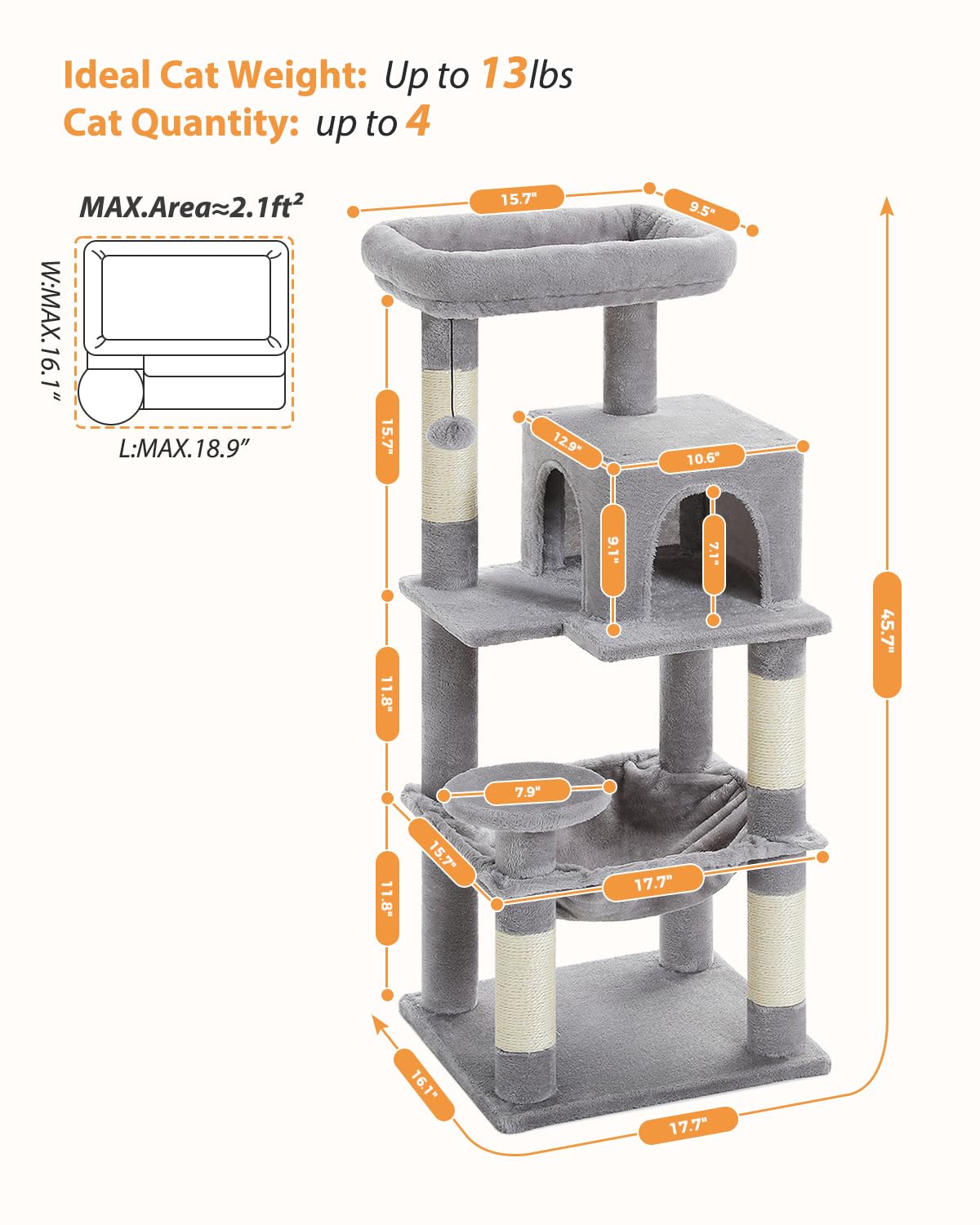 PETEPELA 45.7  Cat Tree for Indoor Cats, 5-Level Cat Tower for Large Cats with Metal Frame Large Hammock (17.3 x15.3 ), Cat Cond