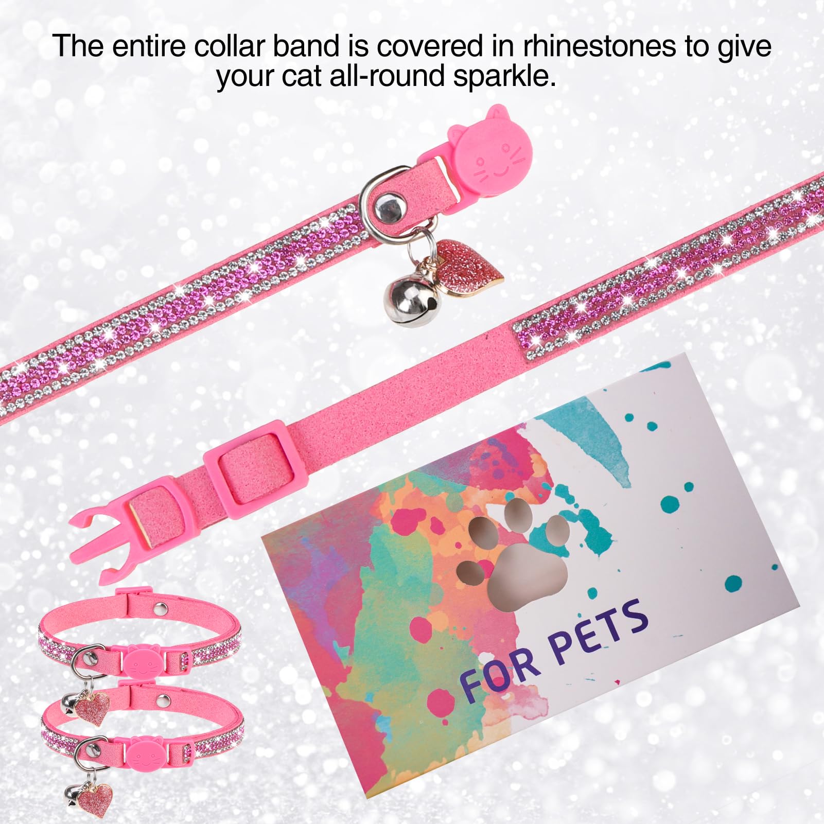 Dillybud Rhinestone Cat Collar Breakaway With Bell Safety Buckle, 2 Pack Bling Diamond Kitten Collar For Gril Cats, Soft Velvet