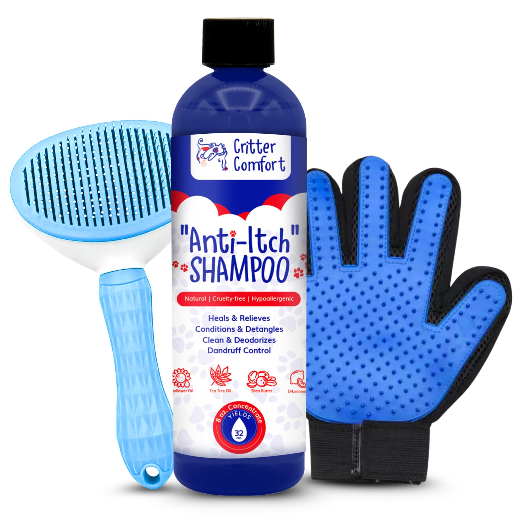 Deshedding Dog Shampoo, Slicker Brush & Grooming Glove for Dogs & Cats. Bundle Includes Critter Comfort Anti-Itch Shampoo, Self-