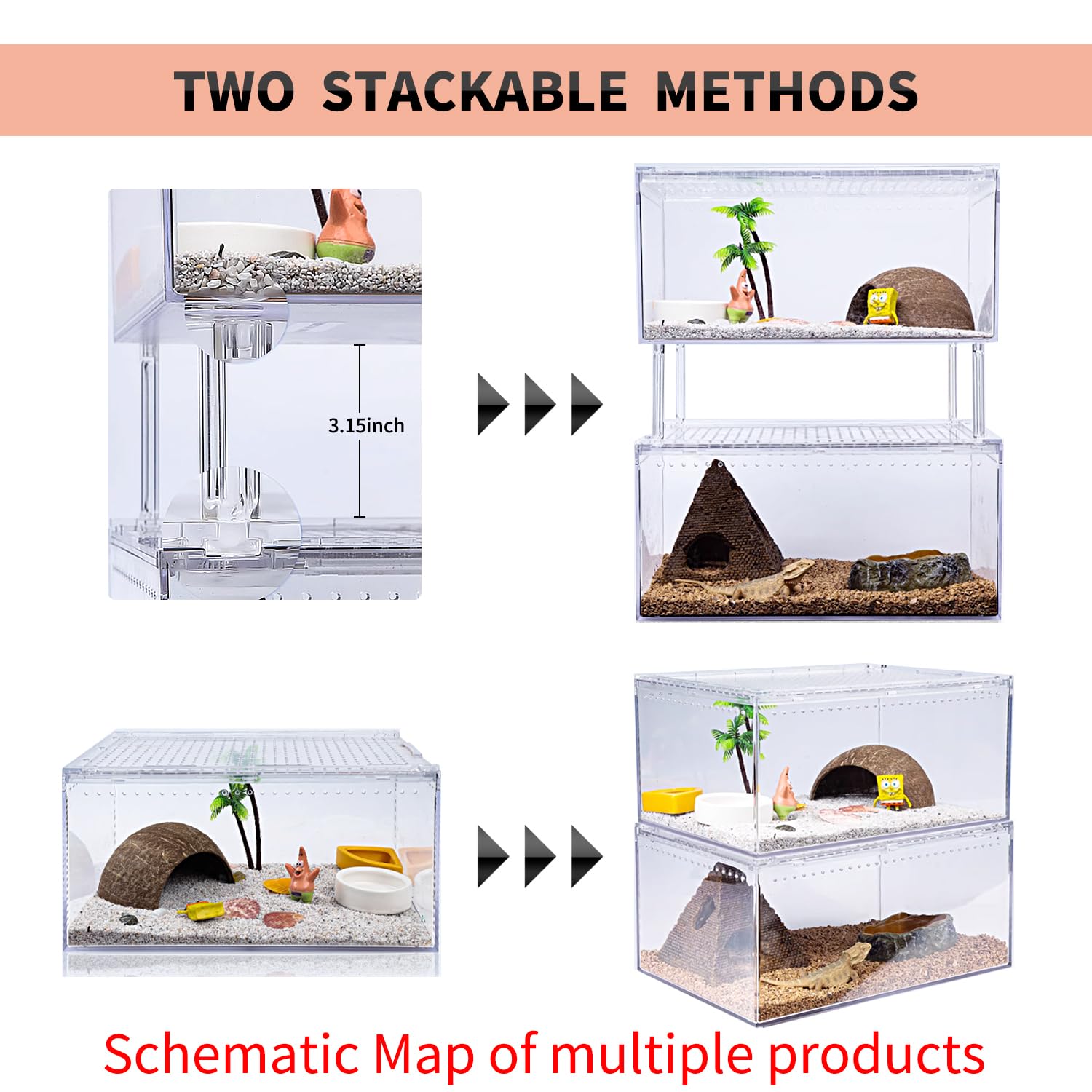 ?No Assembly? Reptile Tank Enclosure With Magnetic Button.12'' * 8'' * 6'' Thicken Snake Enclosure Cage,Batch Stackable Reptile
