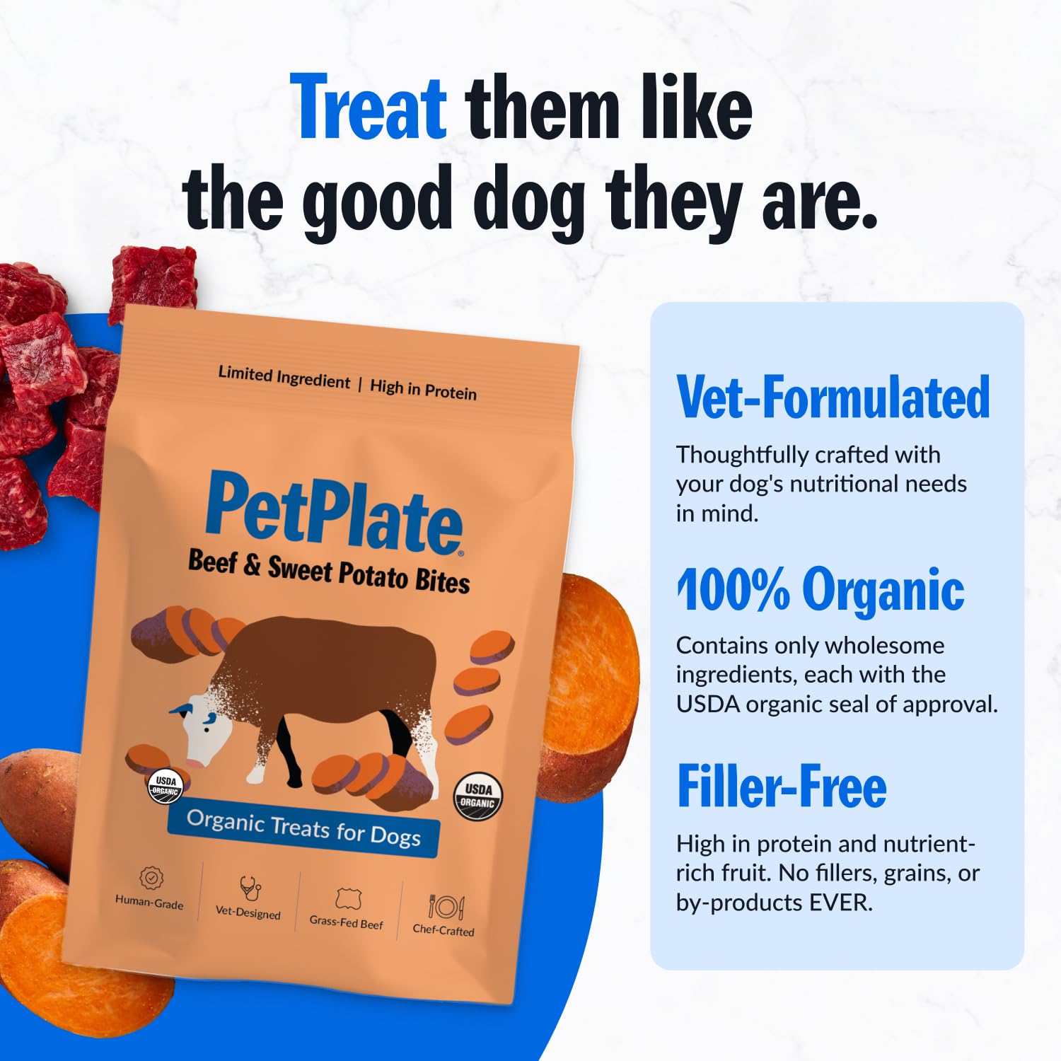 PetPlate Beef and Sweet Potato Bites - Grain-Free, Organic Dog Treats, High Protein - 4.5 Ounce (Pack of 1)