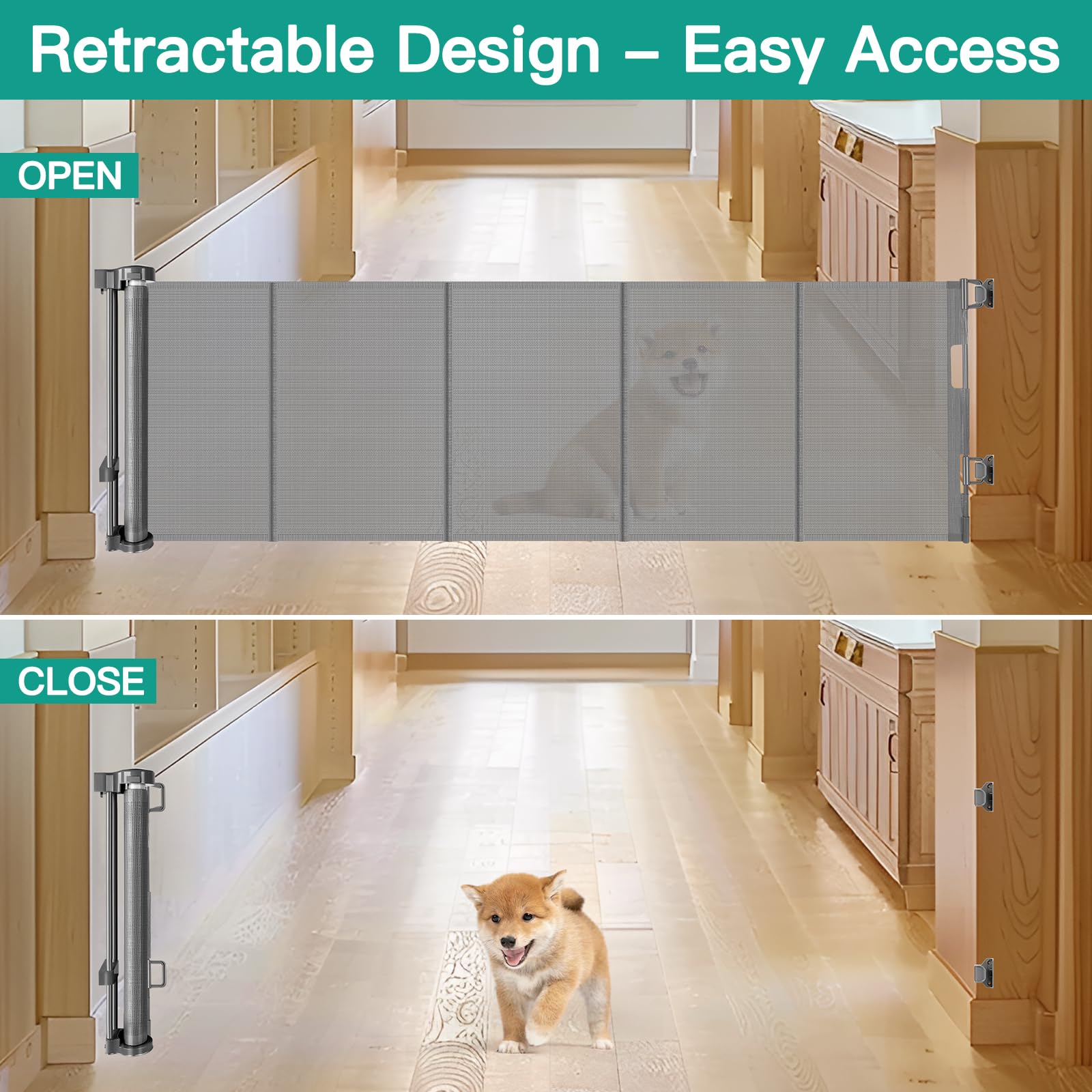 Borthmiu 20 Inches Tall Retractable Short Pet Gate, Extends up to 55'' Wide, Gray Mesh Dog Gate for Small Dogs & Puppies, Indoor