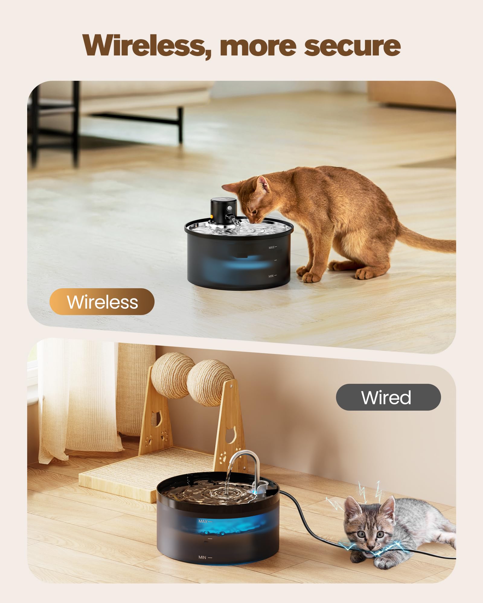 Wireless Cat Water Fountain Cordless: Battery Operated Cat Fountain - 108Oz/3.2L Automatic Pet Water Dispenser Rechargeable Drin
