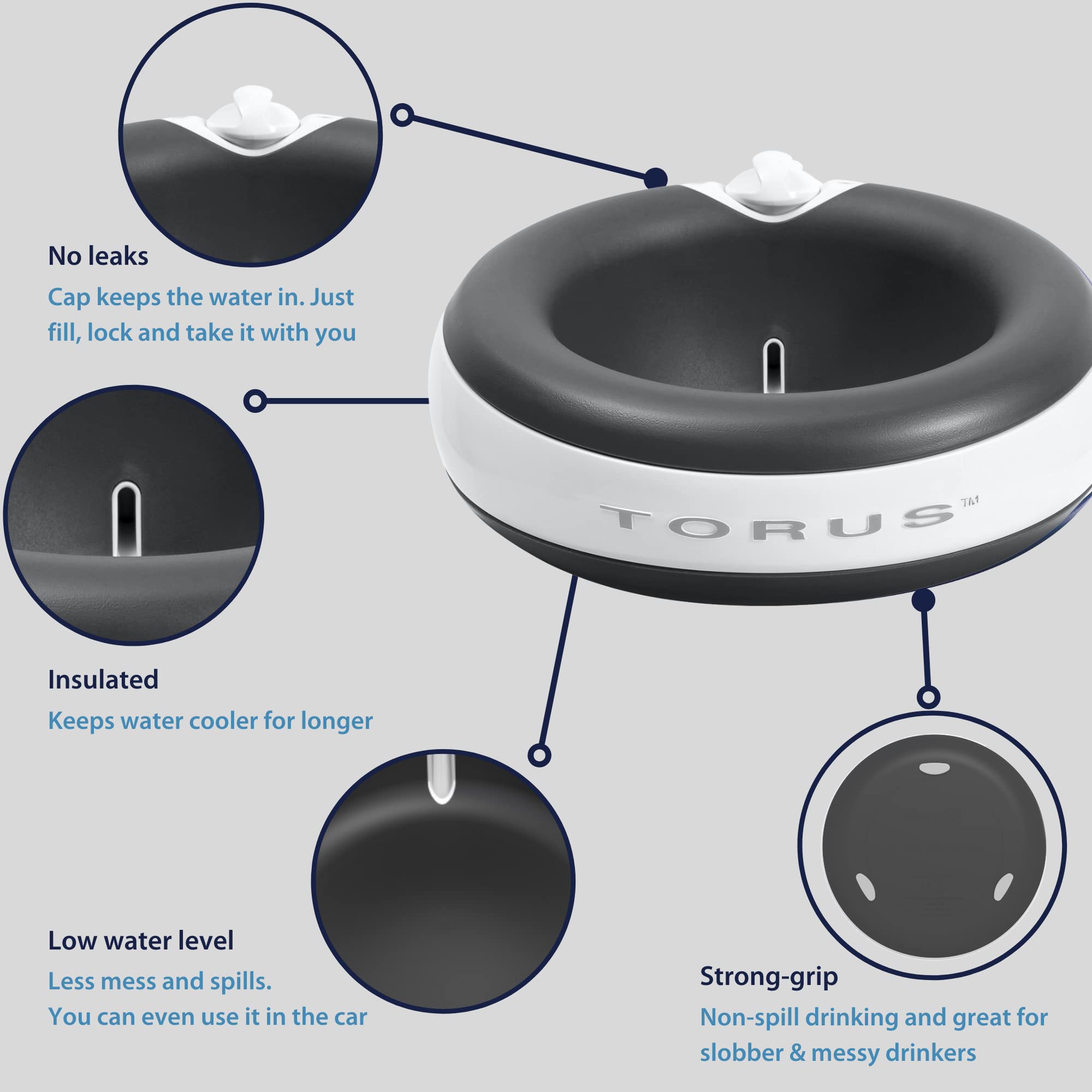 Heyrex Torus 2-Liter Pet Water Bowl, Charcoal
