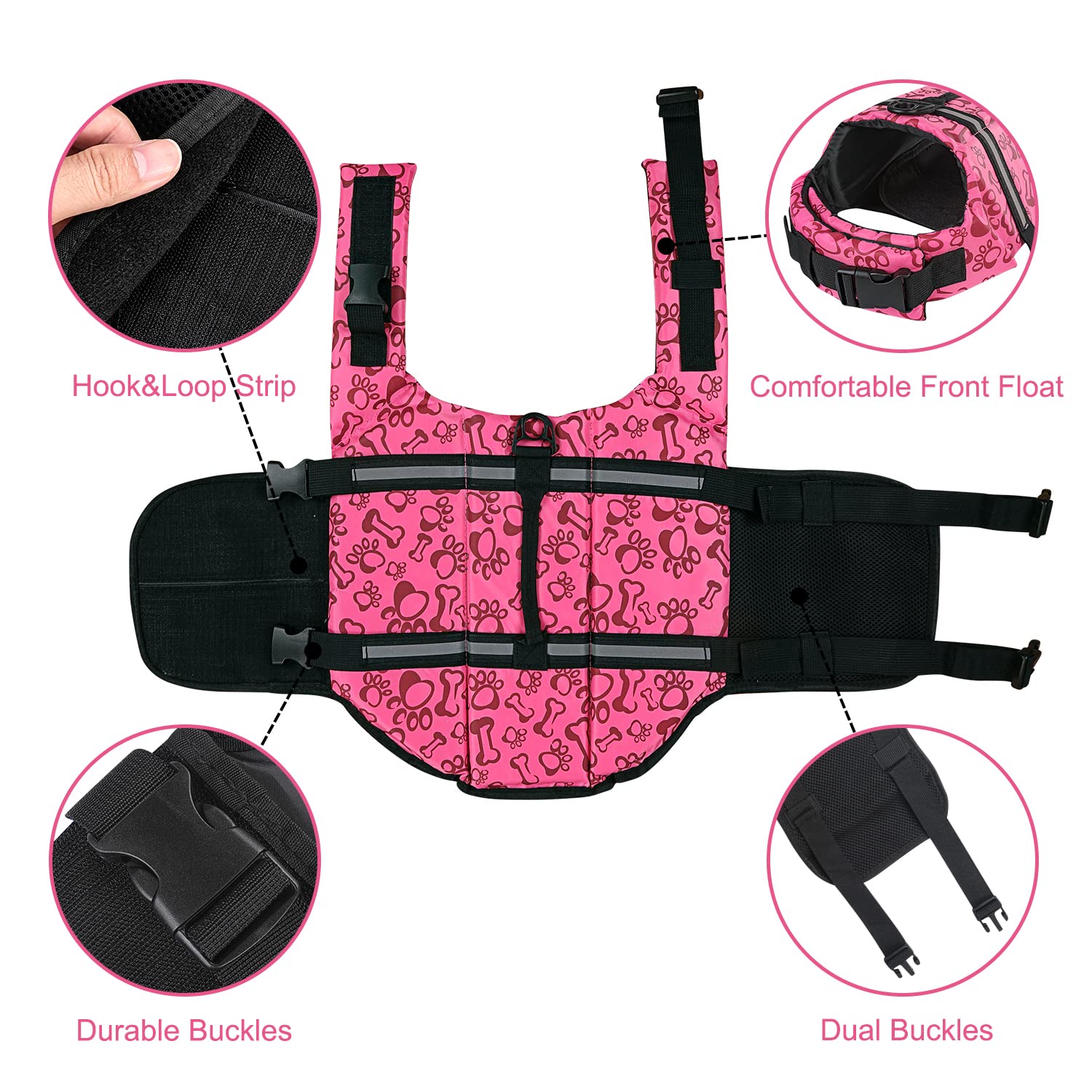 Haocoo Dog Life Jacket Vest Saver Safety Swimsuit Preserver With Reflective Stripes/Adjustable Belt Dogs Pink Bone,L