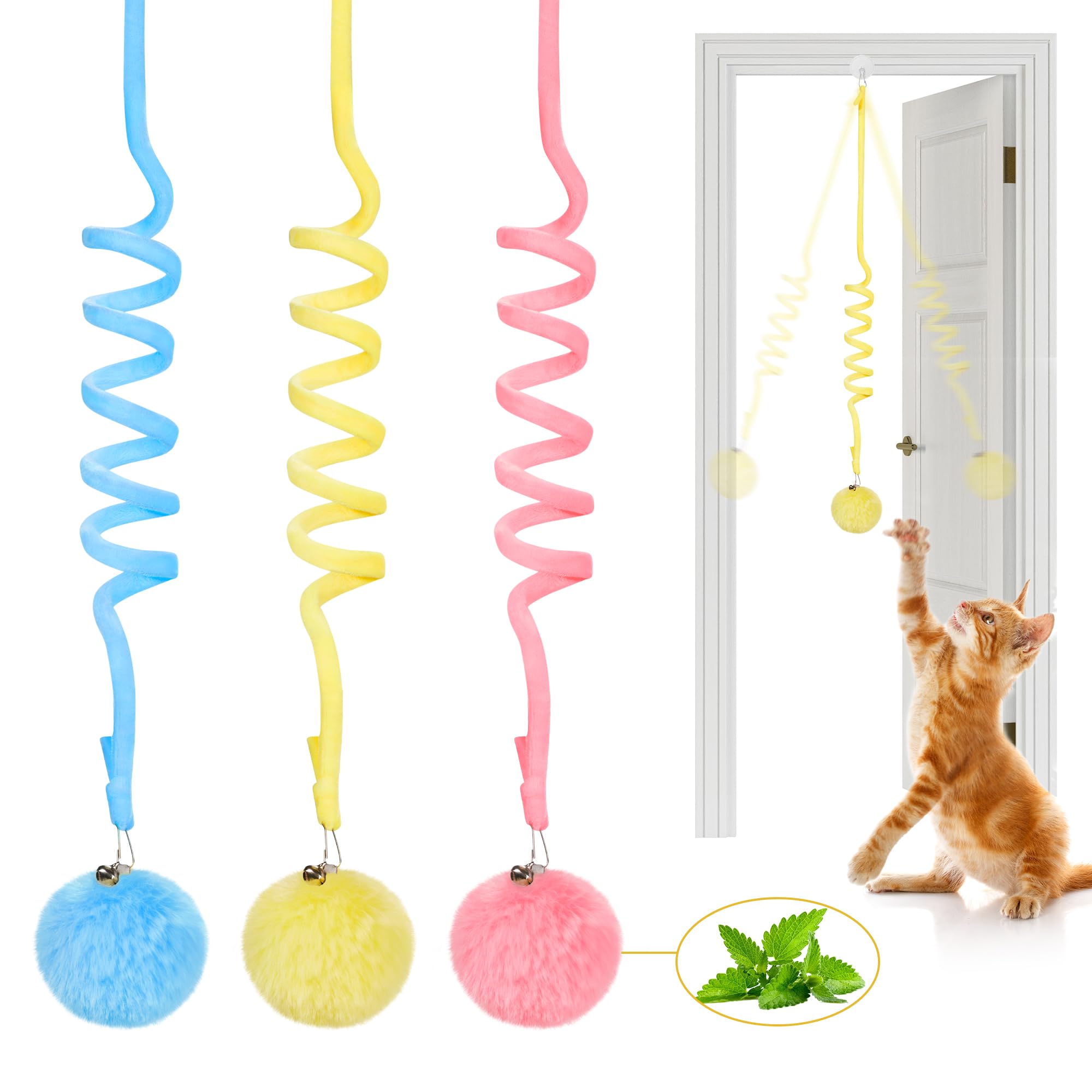 Potaroma Hanging Fluffy Cat Catnip Ball Toys 3 Pcs With Bell, Interactive Cat Teaser Retractable Toys Indoor Kitten Play Chase E