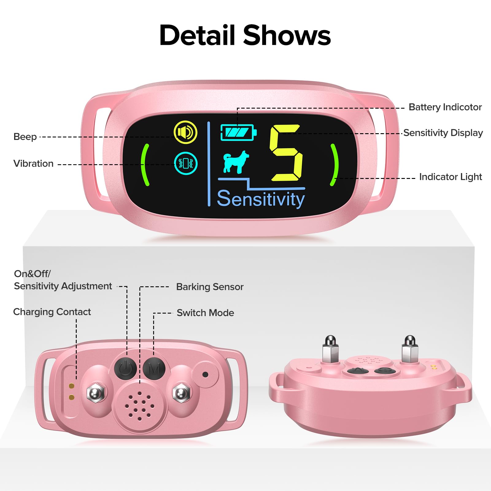 Fafafrog Dog Bark Collar, Rechargeable Smart Collar, Anti Barking Training Collar With 5 Adjustable Sensitivity Beep Vibration, Bark Collar For Large Medium Small Dogs (Pink)
