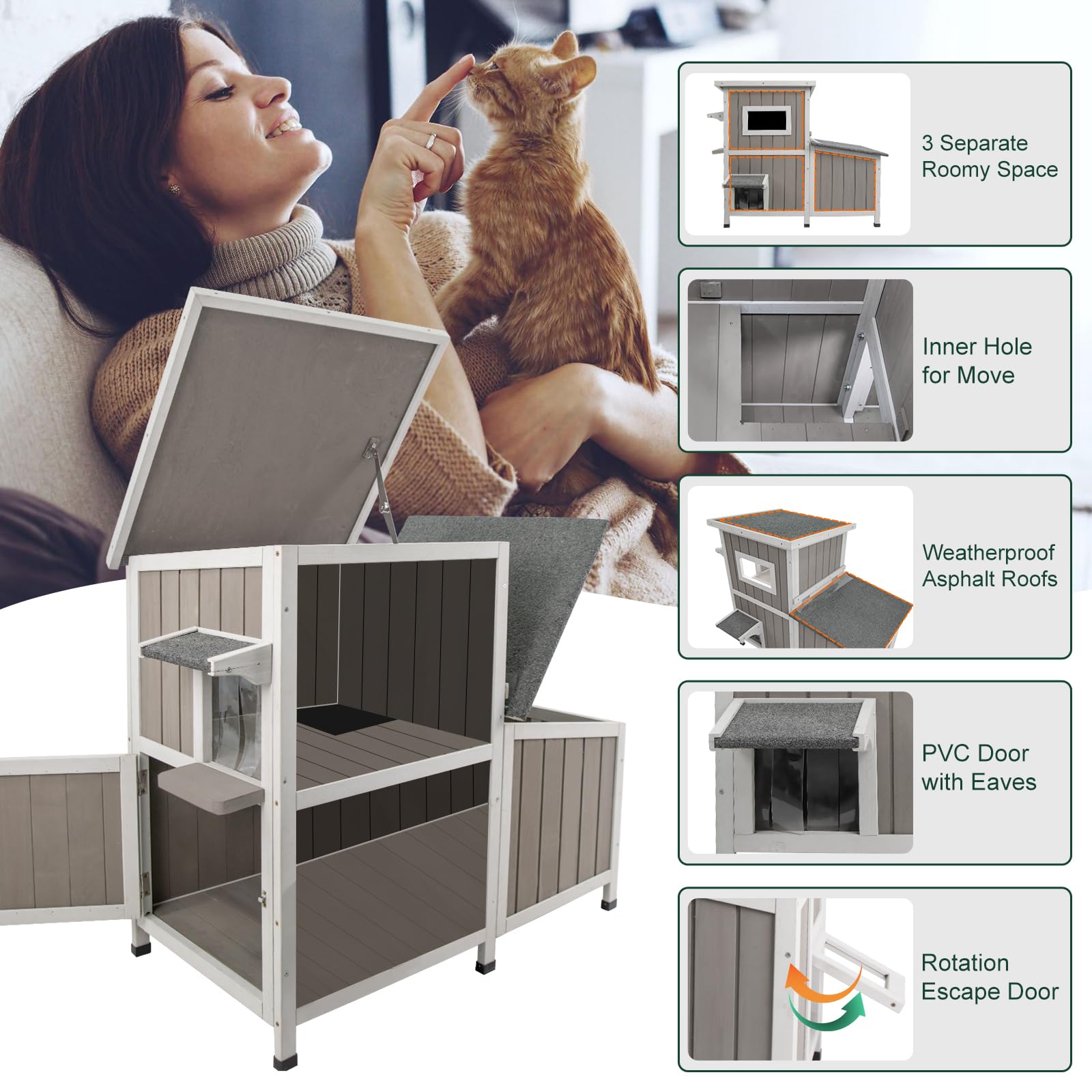 Cat House Outdoor Cat Shelter For 2-3 Feral Cats Two Story Wooden Cat Houses For Outside Cats Weatherproof In 3 Rooms,With Asphl