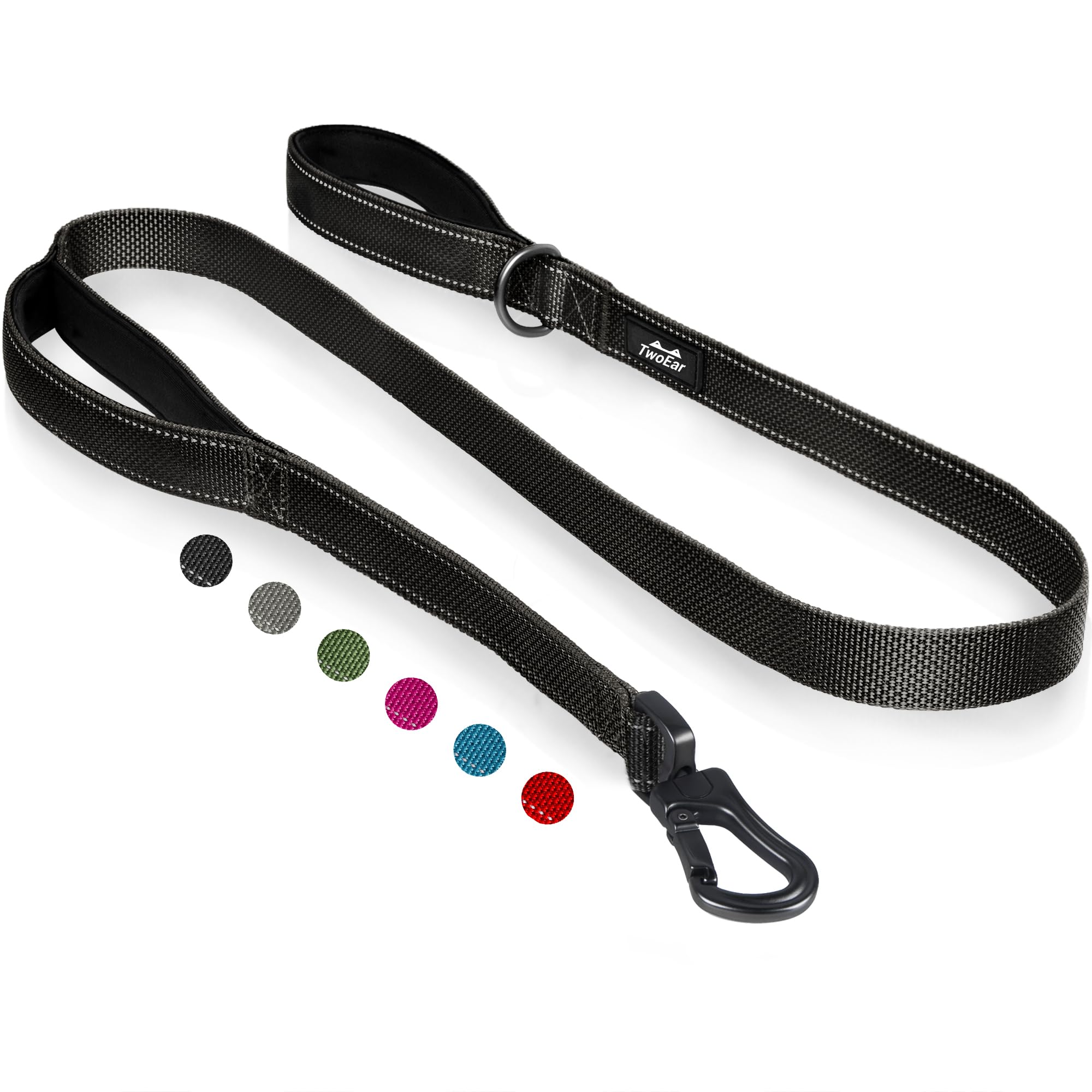 TwoEar Dog Leash - 4FT, 1IN, Black, Dual Padded Handles, Reflective, Auto Lock Hook for Small, Medium & Large Dogs