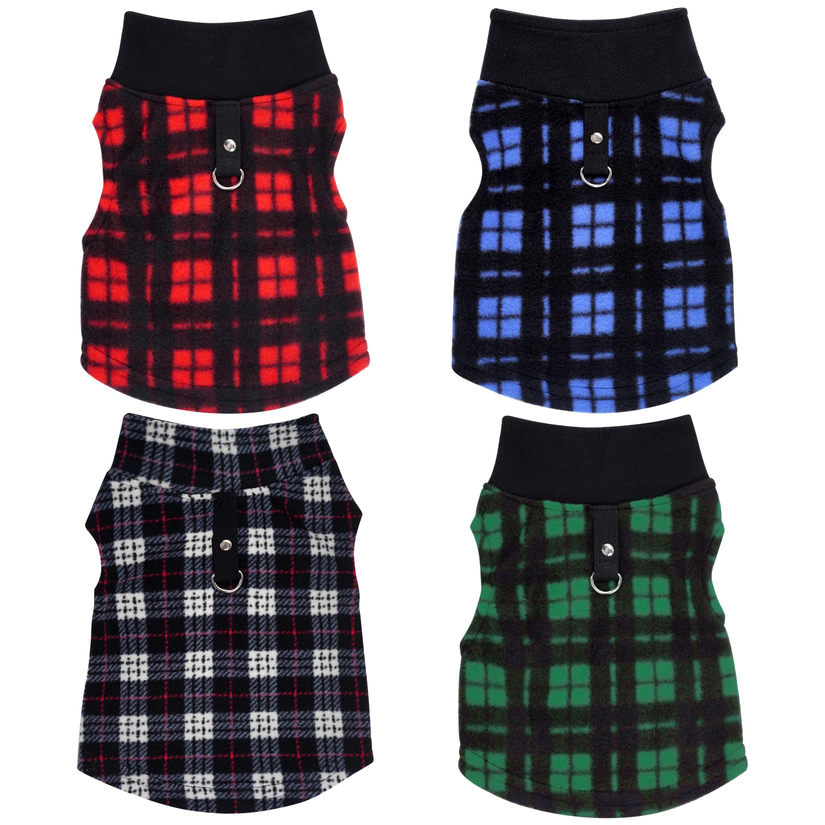 Rbenxia 4 Pieces Buffalo Plaid Dog Sweaters with Leash Ring Soft Fleece Vest Dog Pullover Warm Jacket Pet Dog Clothes Winter Dog