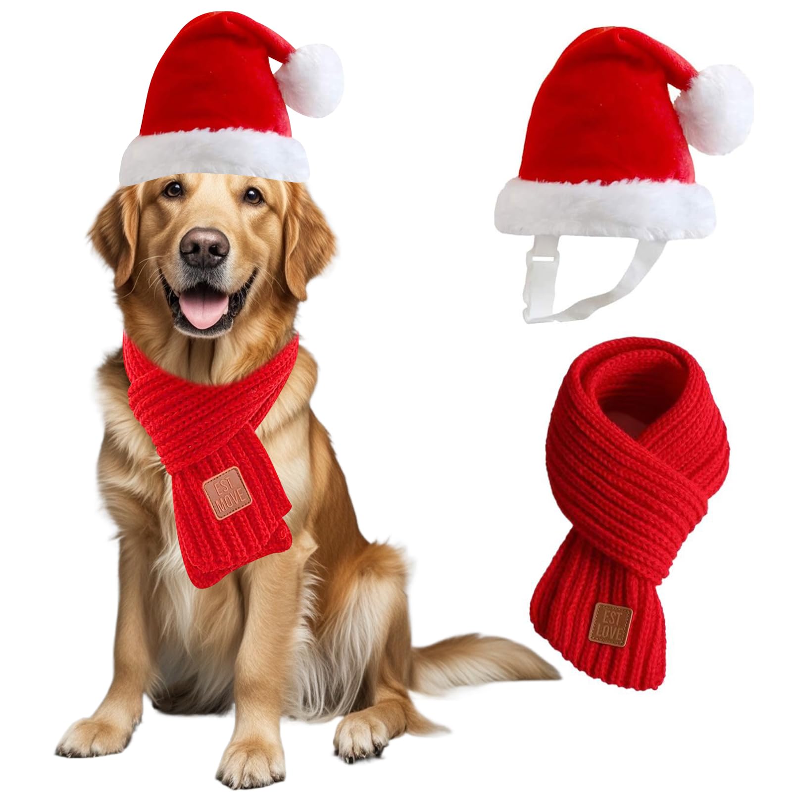 Santa Hat & Scarf Set For Medium Large Dogs, 2 Pcs Adjustable Dog Christmas Costume, Fall Winter