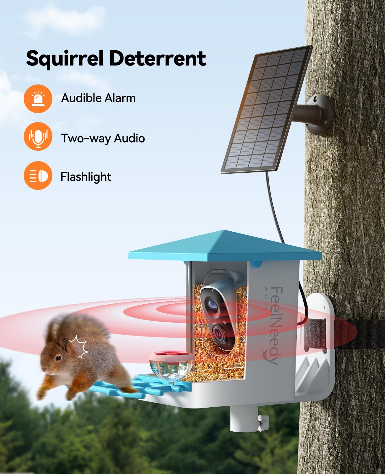 FEELNEEDY Smart Bird Feeder with Camera,Solar-Powered 2K HD Bird Watching Camera,3X Zoom & 173 View,AI Identify,Motion Alerts,IP