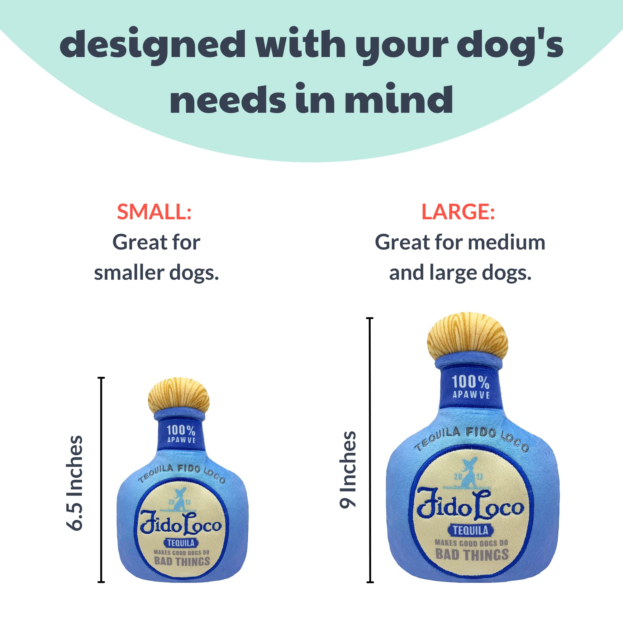 Huxley & Kent for Dogs | Fido Loco Tequila (Small) | Power Plush Dog Toy with Squeaker | Funny Dog Gift | Fun, Durable, and Safe