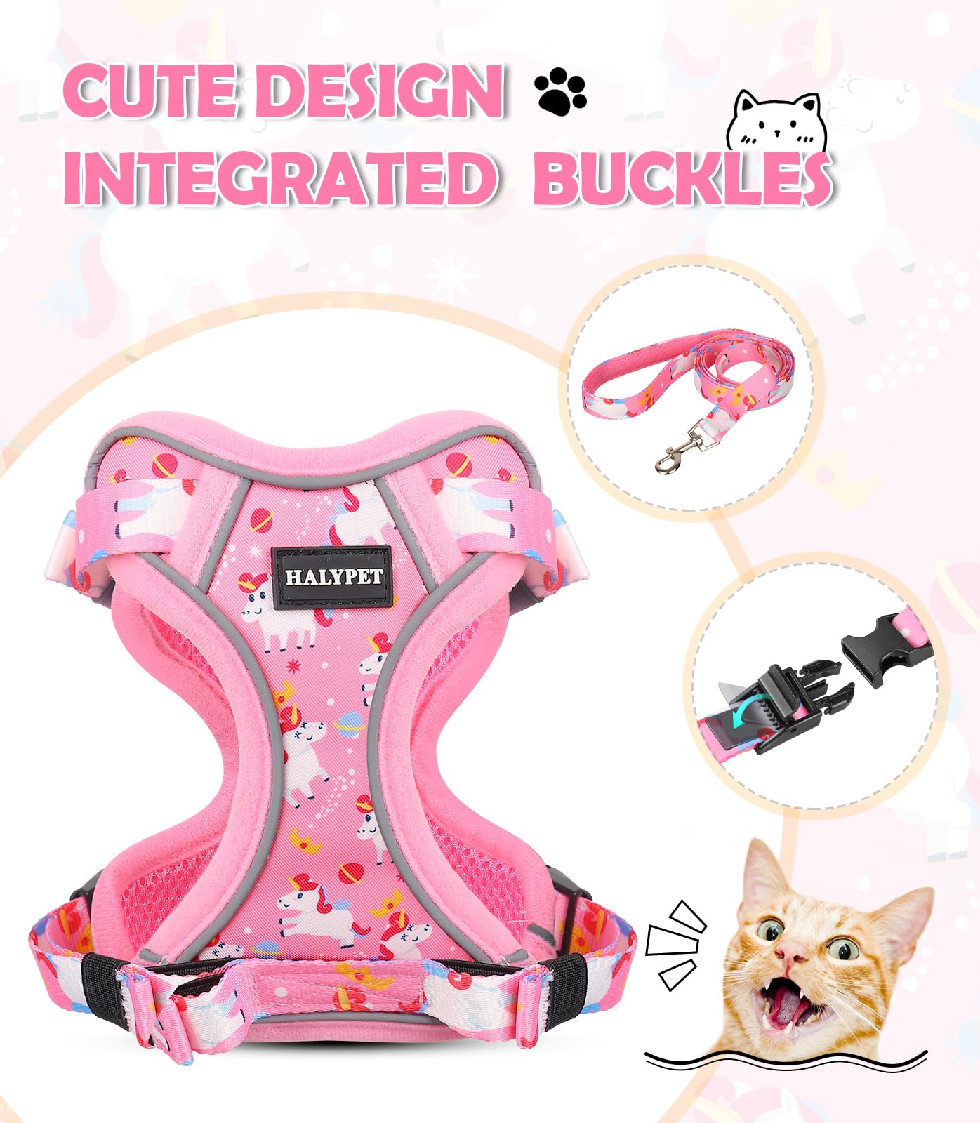 Halypet Cat Harness And Leash Set[Max Safety 4Th-Gen] Cute Escape Proof Vest Harness For Girl&Boy Cat Walking, Comfortable Adjus