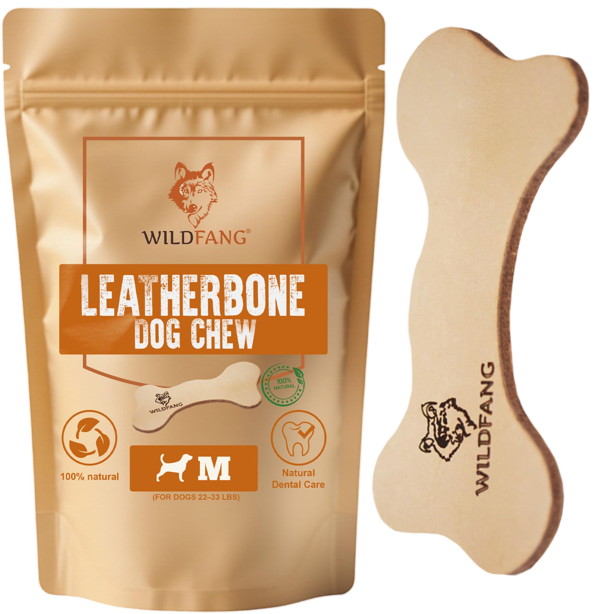 Wildfang® Leather Dog Toy, Medium – Soft Dog Chew Toys for Gentle Chewers, Puppies, Senior or Older Dogs with Sensitive Teeth – Non-Toxic, Stuffless, 5mm Leather Dog Bone for Dogs 22–33 lbs, Pack of 1