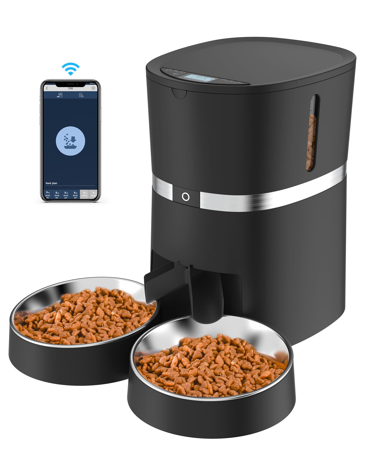 Smart Cat Feeder, WellToBe Automatic Cat Feeder WiFi Enable Pet Dog Food Dispenser App Control for Cat&Dog with Two-Way Splitter