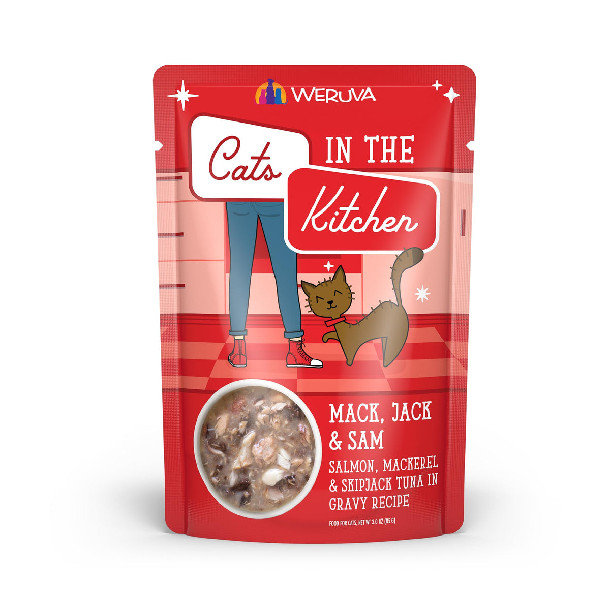 Weruva Cats In The Kitchen Mack, Jack & Sam With Mackerel, Skipjack & Salmon In Gravy Cat Food, 3Oz Pouch (Pack Of 12)