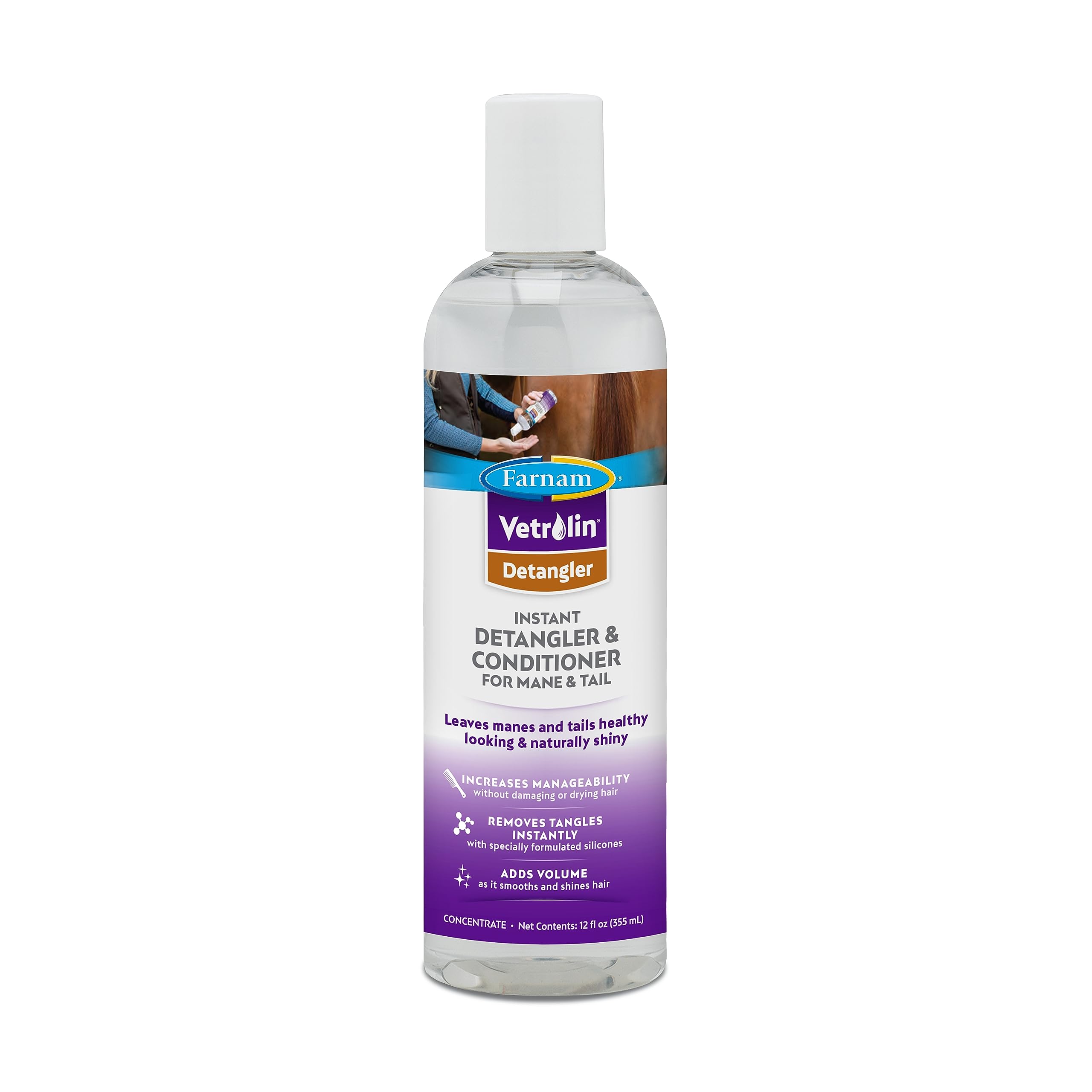 Farnam Vetrolin Concentrated Instant Horse Detangler And Conditioner For Mane And Tail, Use On Horses Or Dogs, Removes Tangles And Adds Volume, 12 Oz.