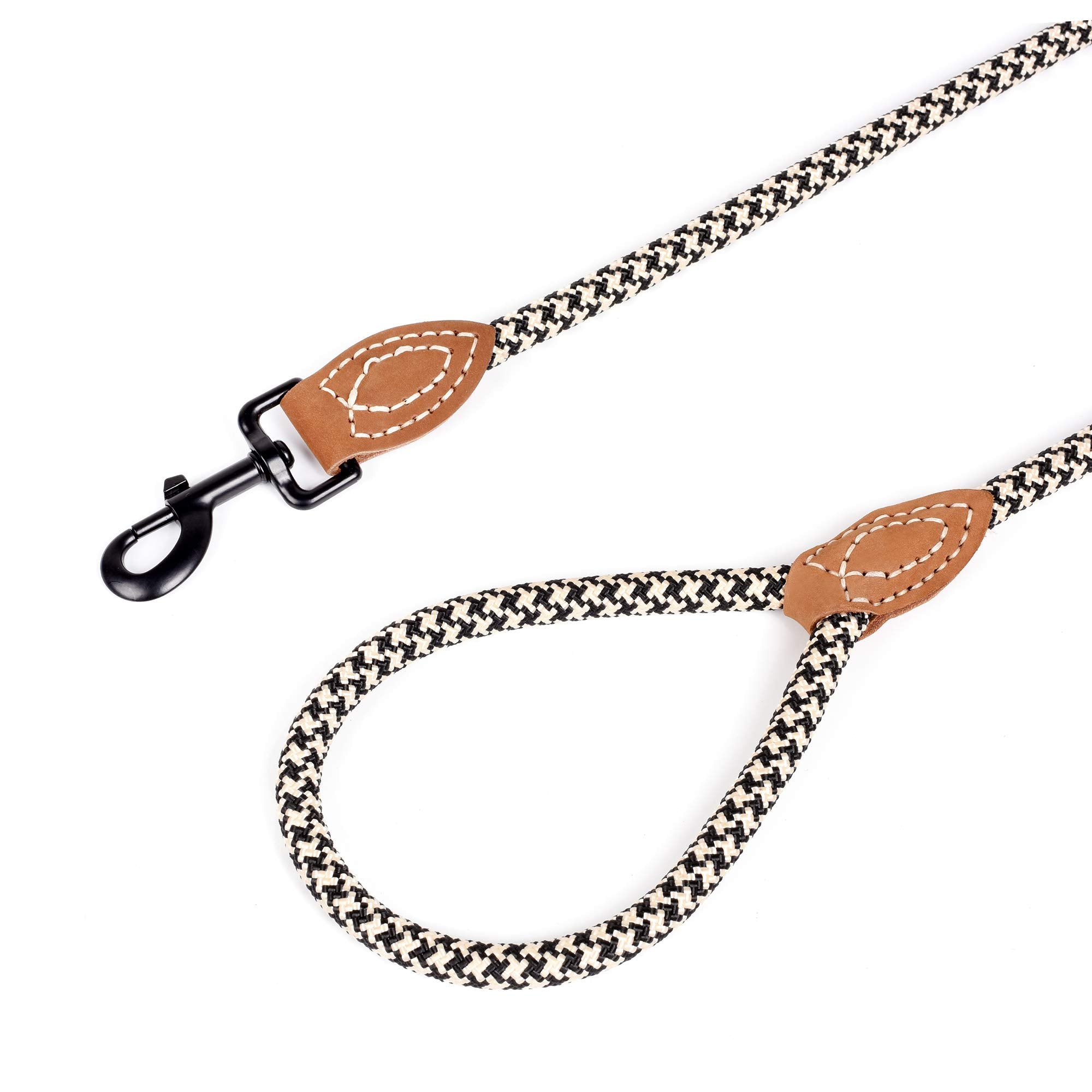 Mile High Life | Mountain Climbing Dog Rope Leash With Heavy Duty Metal Sturdy Clasp | Genuine Leather Tailored Connection With Strong Stitches (Black Khaki, 48 Inch (Pack Of 1))