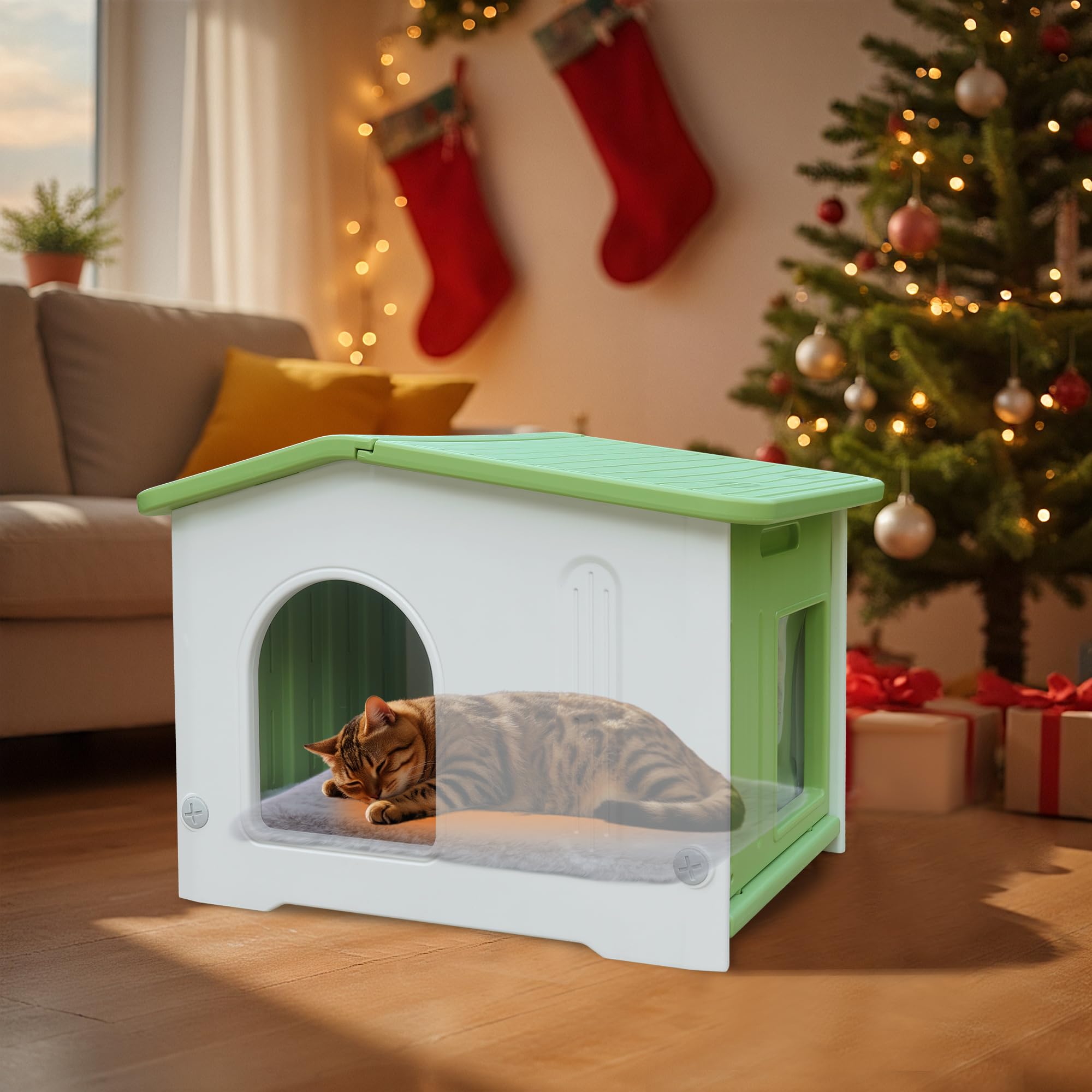 Outdoor Cat House With Escape Door,Feral Cat House With Selfwarming Mat Outdoor Cat House Watwerproof Large Cat House For 1-2 Ca