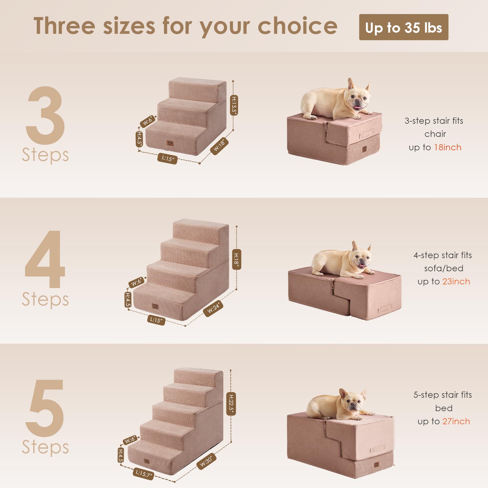 Eheyciga Dog Stairs For Small Dogs 13.5' H, 3-Step Dog Steps For Couch Sofa And Chair, Pet Steps For Small Dogs And Cats, Non-Slip Balanced Dog Indoor Ramp, Pink