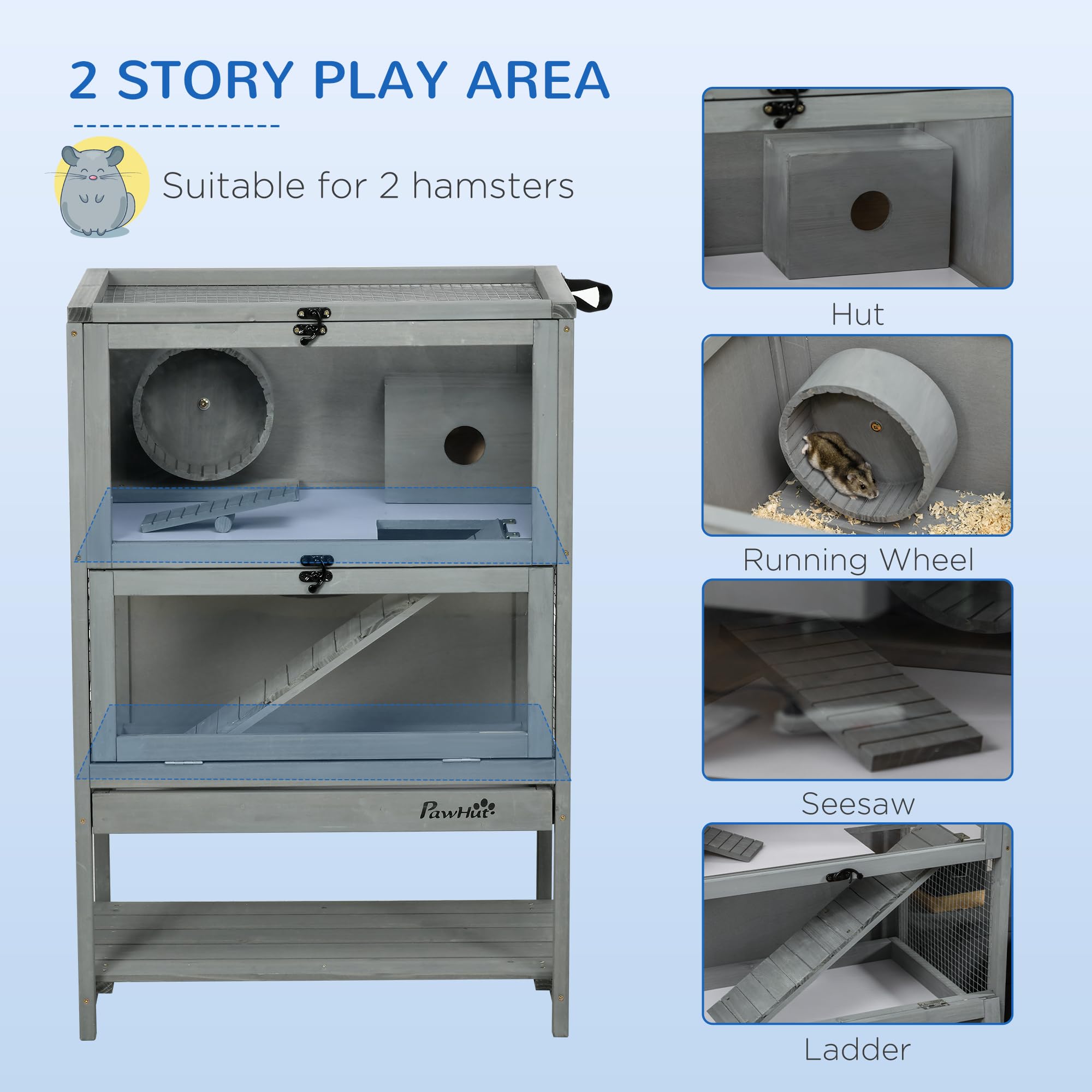 PawHut Wooden Hamster Cage with Storage Shelf, Large Rat Mouse Habitat Including Seesaw, Small Animal Cage with Sliding Tray, Wi