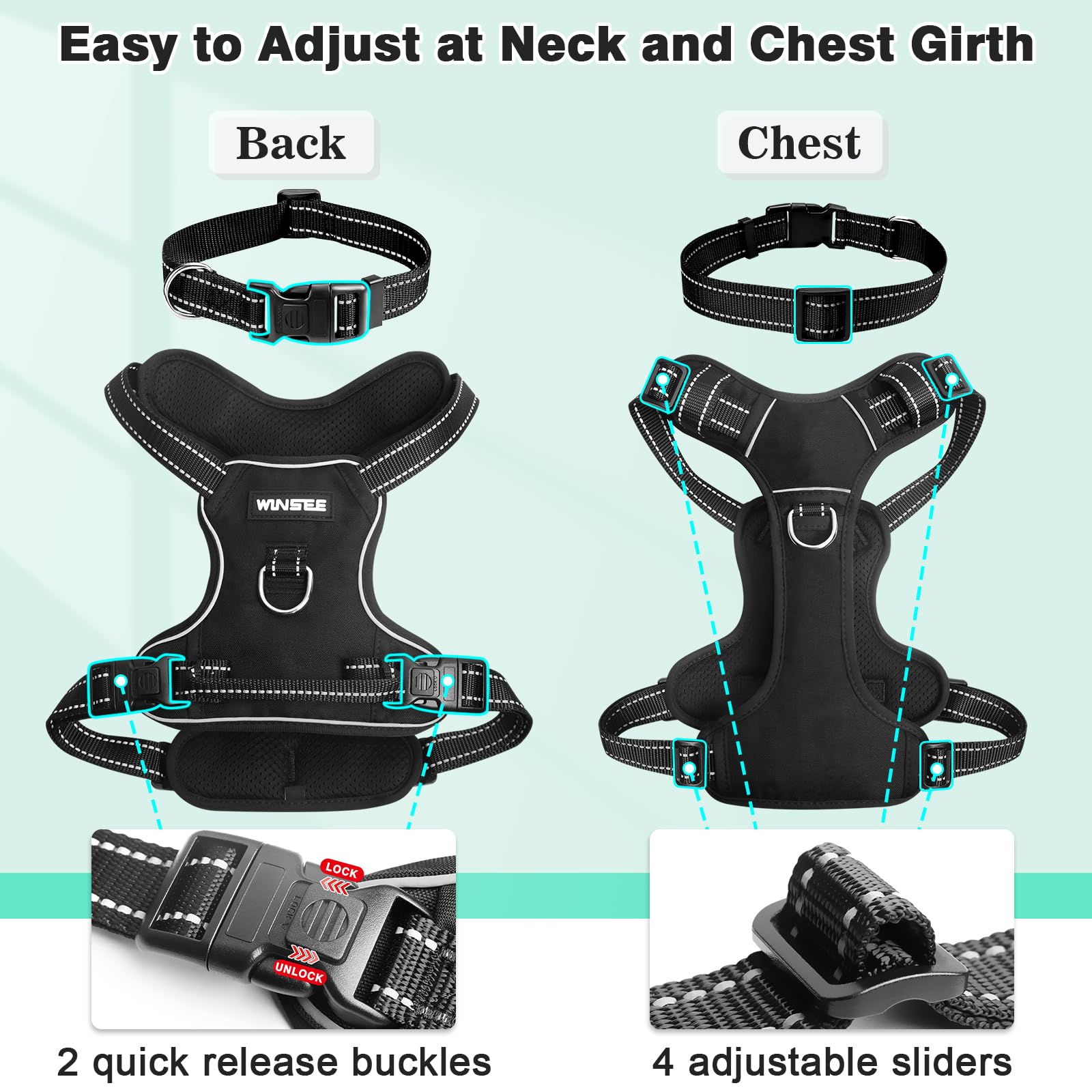 Winsee Dog/Pet Harnesses No Pull With Dog Collar, Adjustable Reflective Oxford Outdoor Vest, Front/Back Leash Clips For Small, M