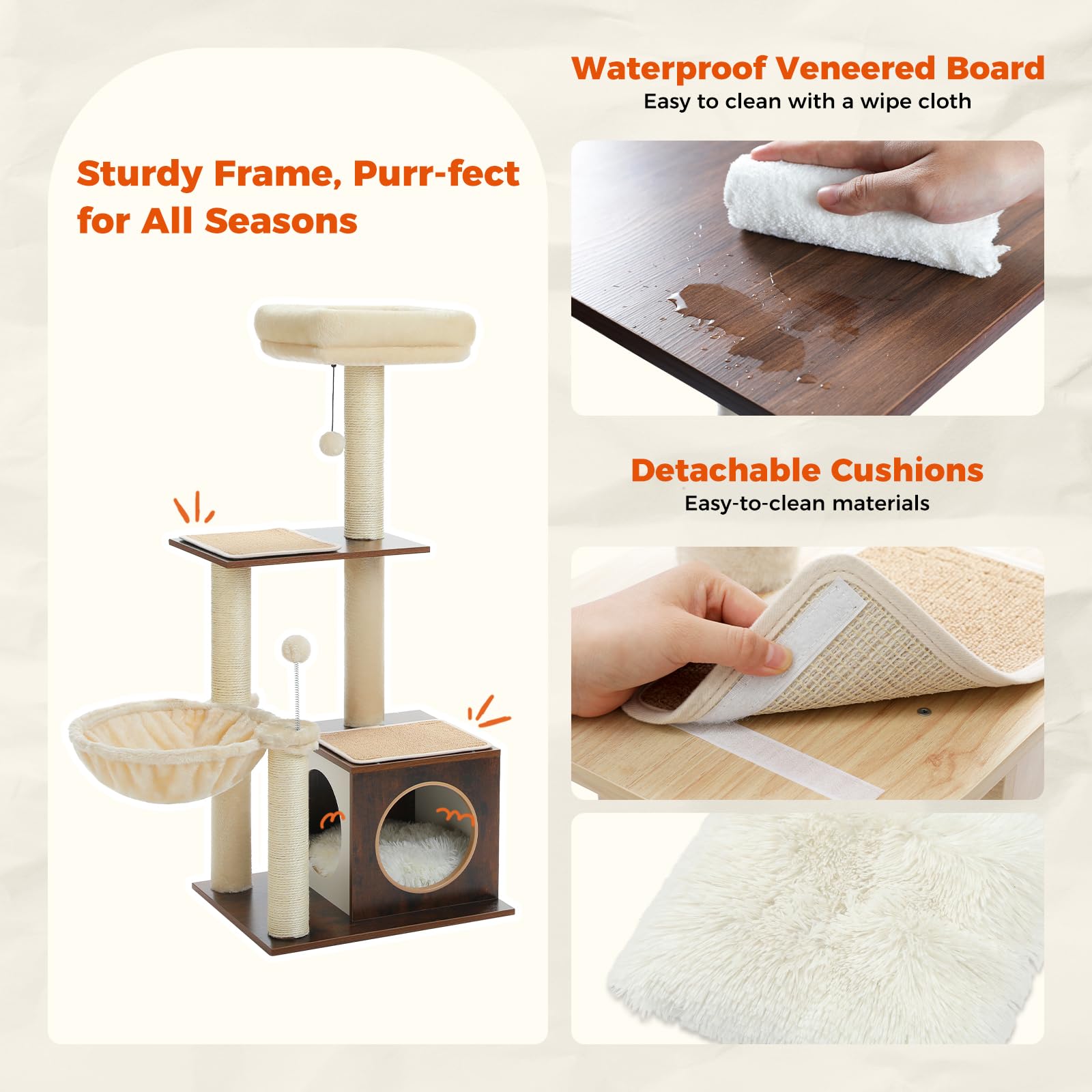 Pequlti Modern Cat Tree For Indoor Cats,Multilevel Play House Cat Tower With Cat Condo, Scratching Post, Cozy Hammock And Plush