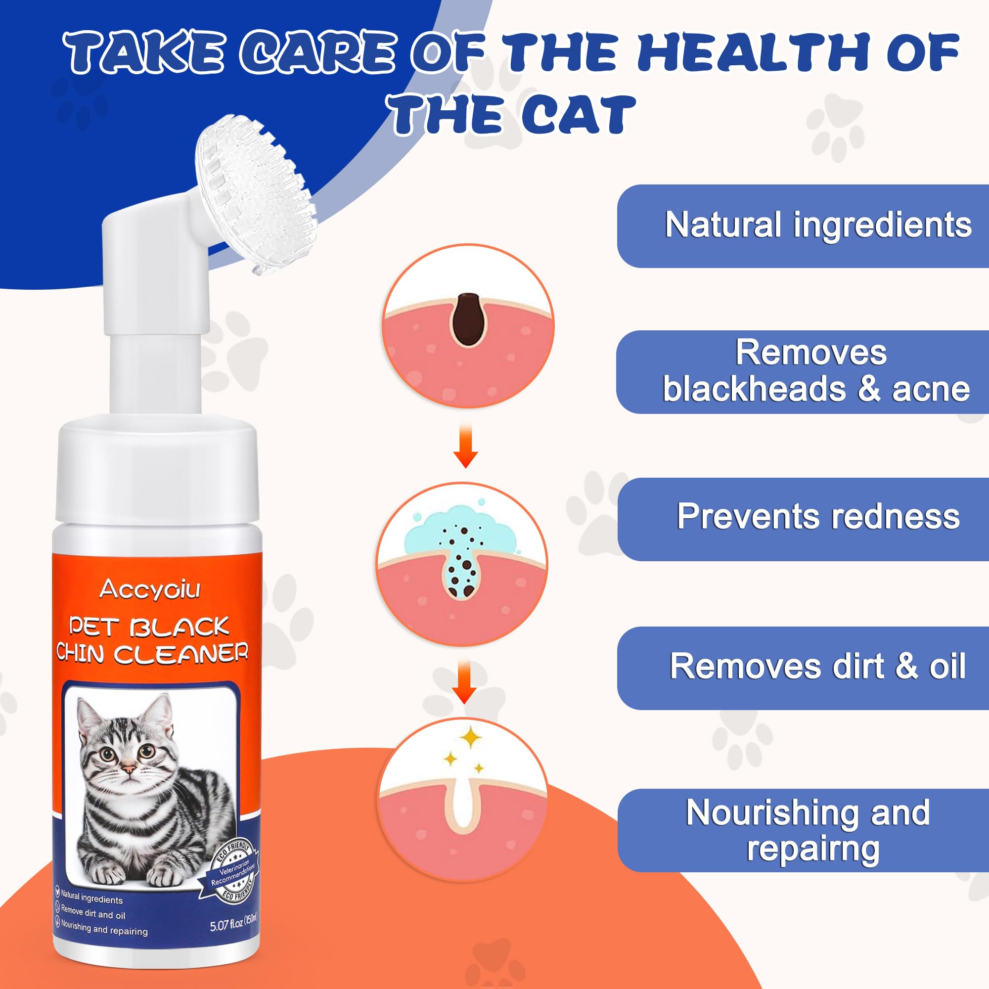 Accyoiu Cat Acne Chin Treatment, Cat Black Seed Cleaner, Improved Skin Health & Black Seeds Removal, 2-In-1 Wash & Brush, Sooth